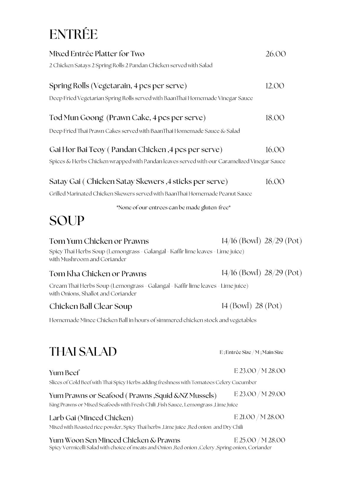Baan Thai Restaurant меню