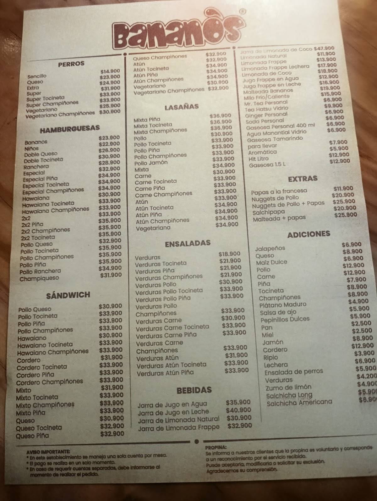 Banano's Comidas Rápidas меню