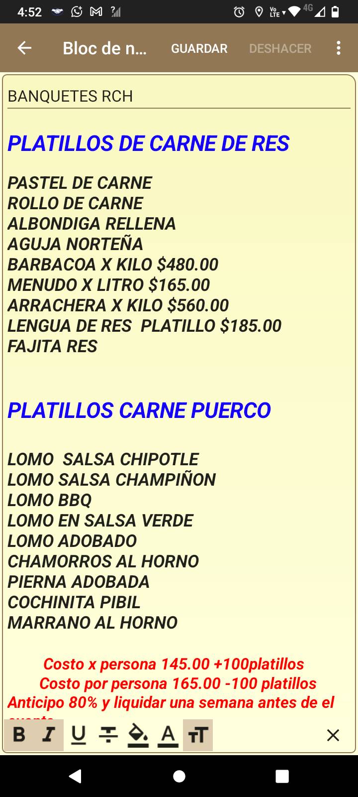 Banquetes RCH меню