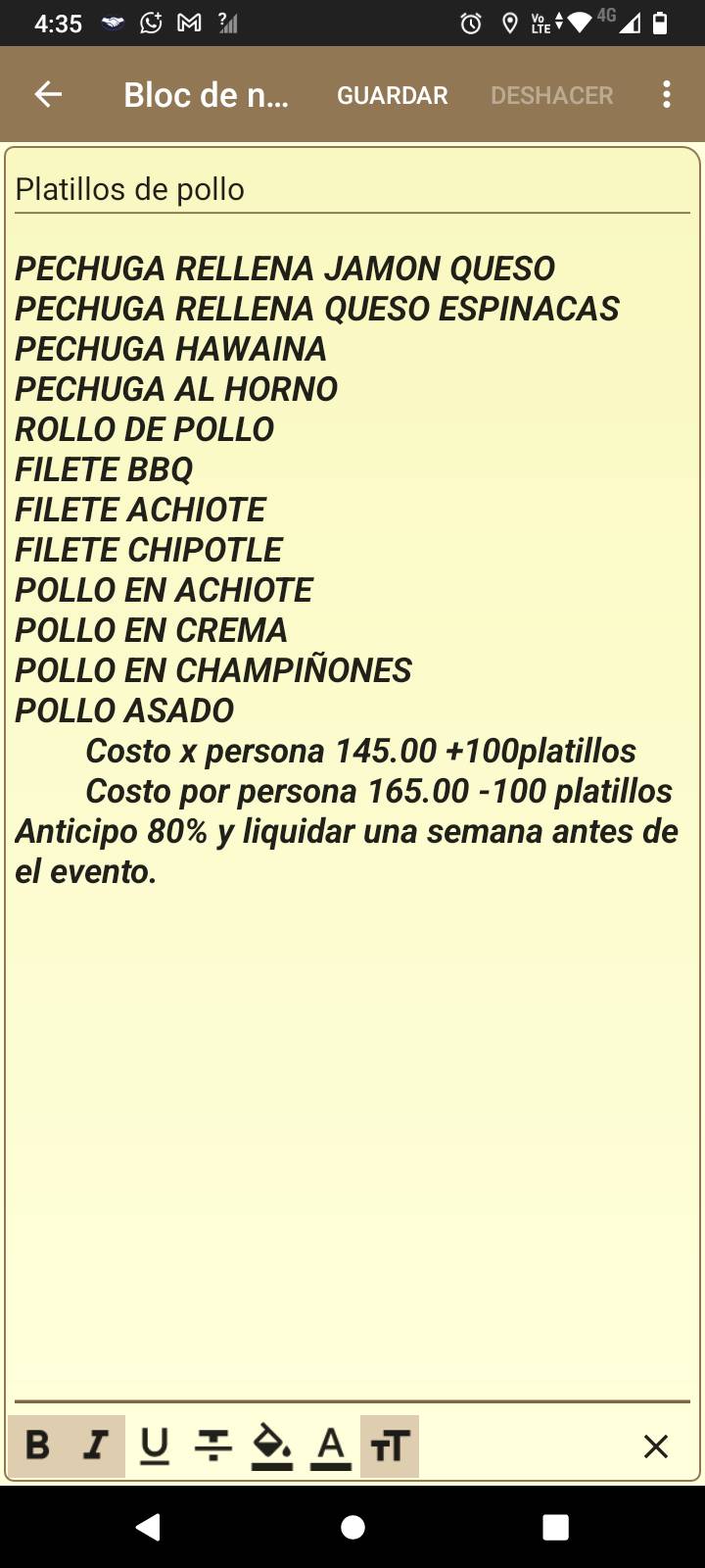 Banquetes RCH меню
