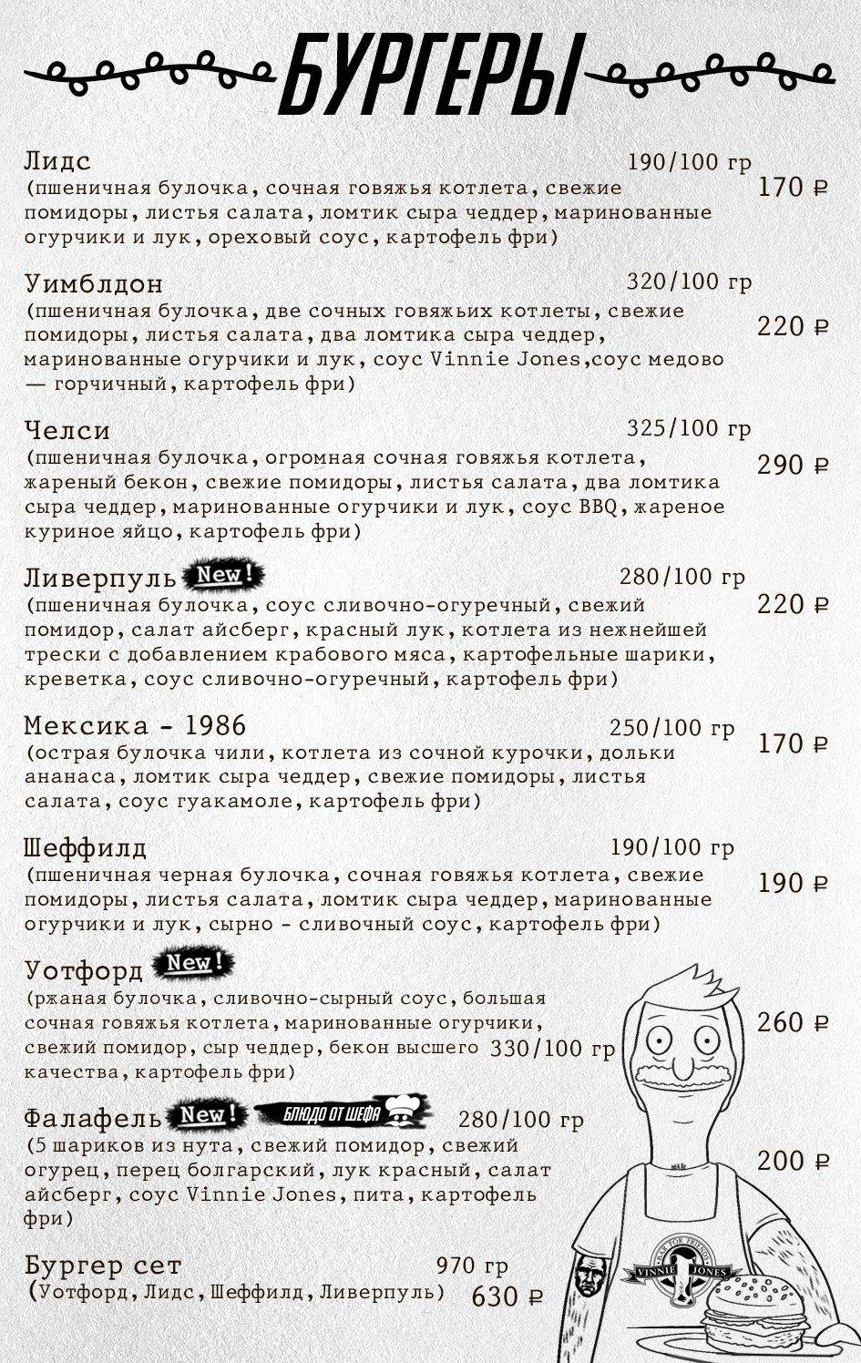 Винни Джонс меню