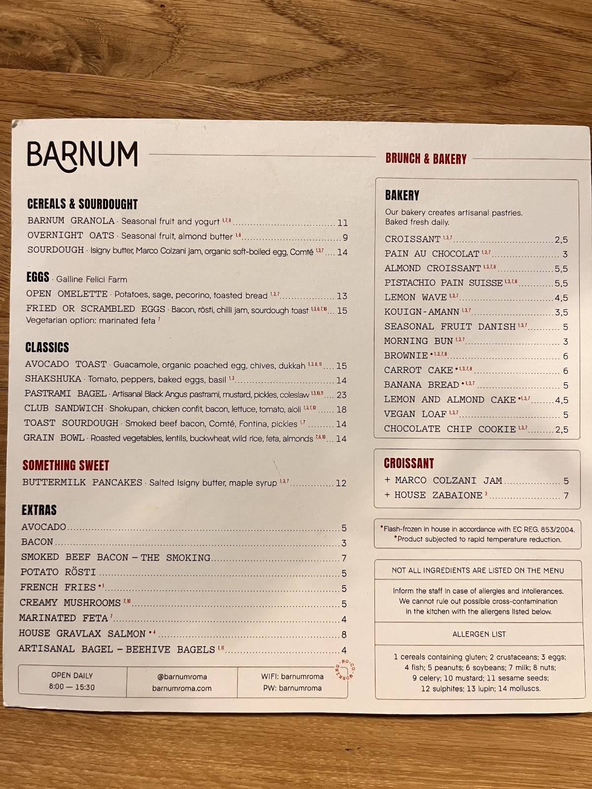 Barnum Roma меню