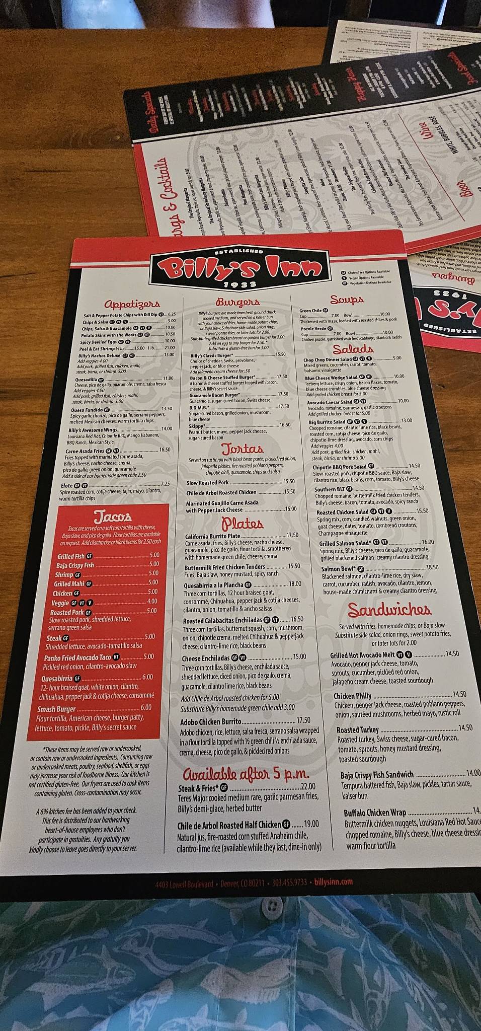 Billy's Inn меню