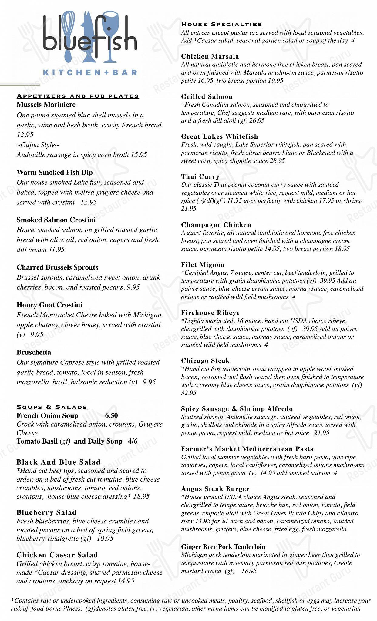 Bluefish Kitchen + Bar в Манистях - SAMPLE FOOD MENU