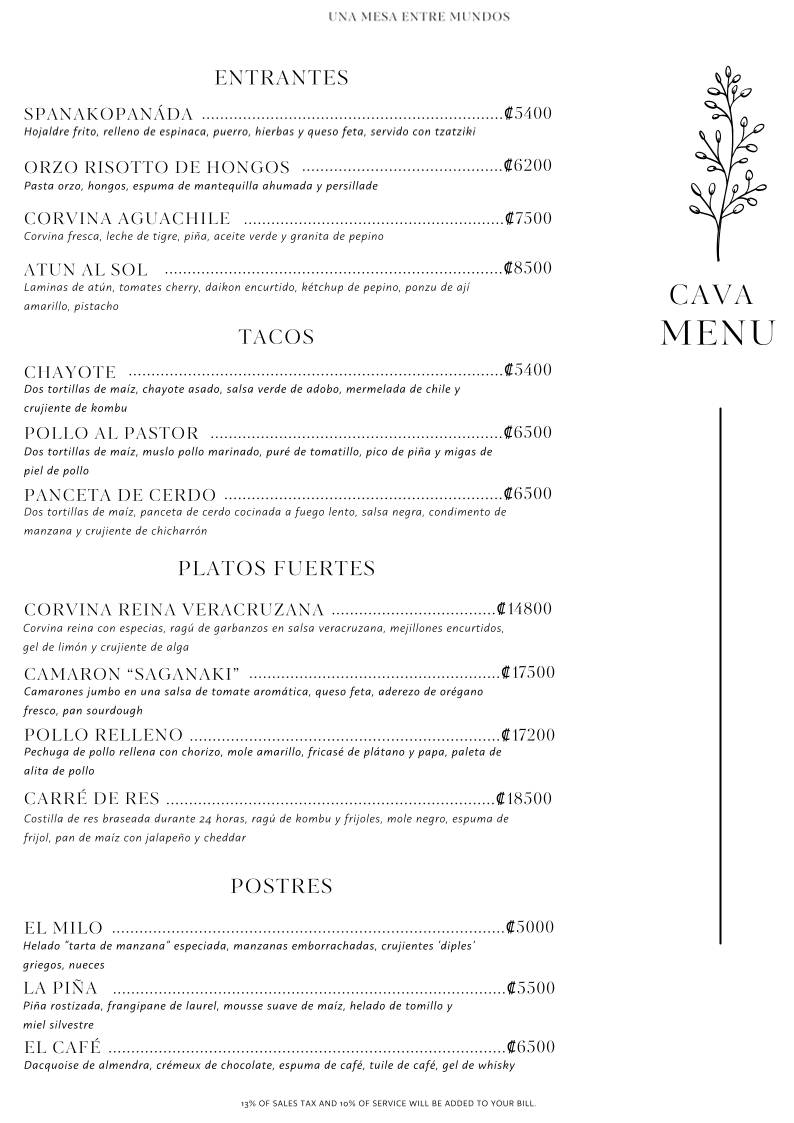 CAVA Mediterranean Manuel Antonio Restaurant Costa Rica меню