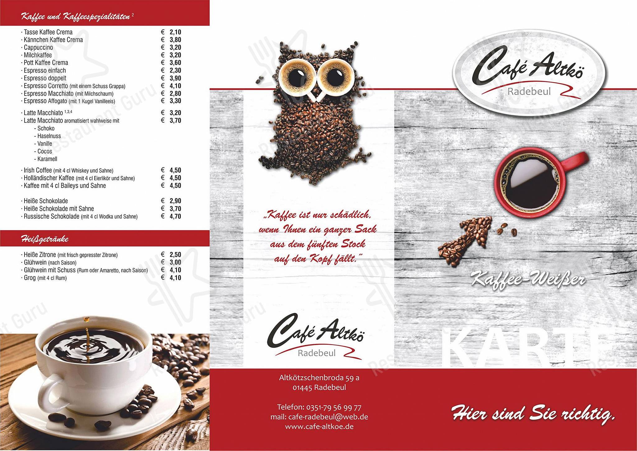 Основное меню кафе Café Altkö Radebeul