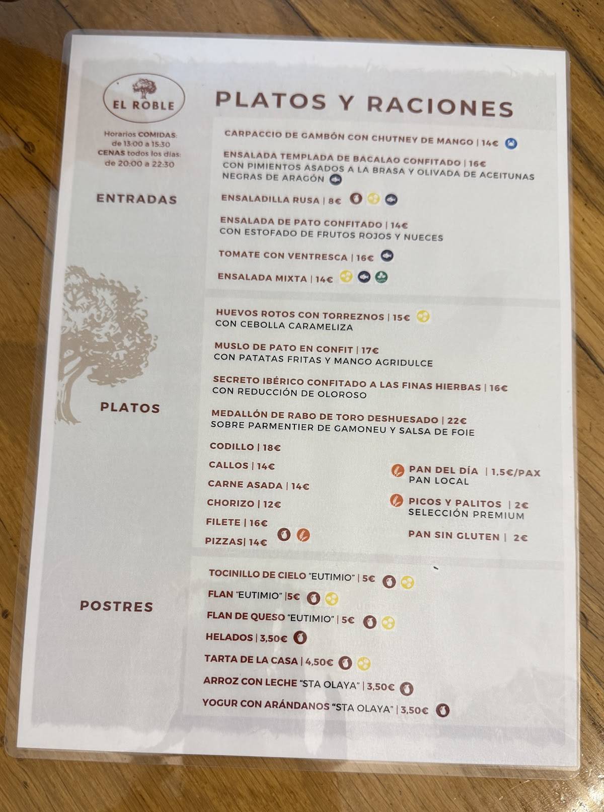 Cafetería El Roble меню