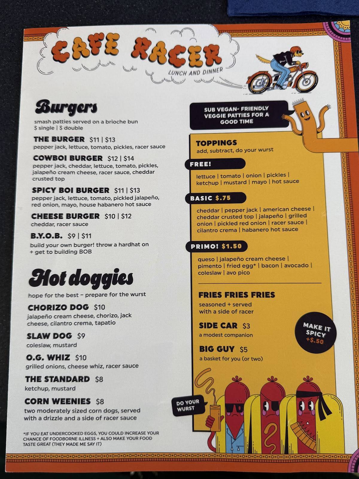 Cafe Racer меню