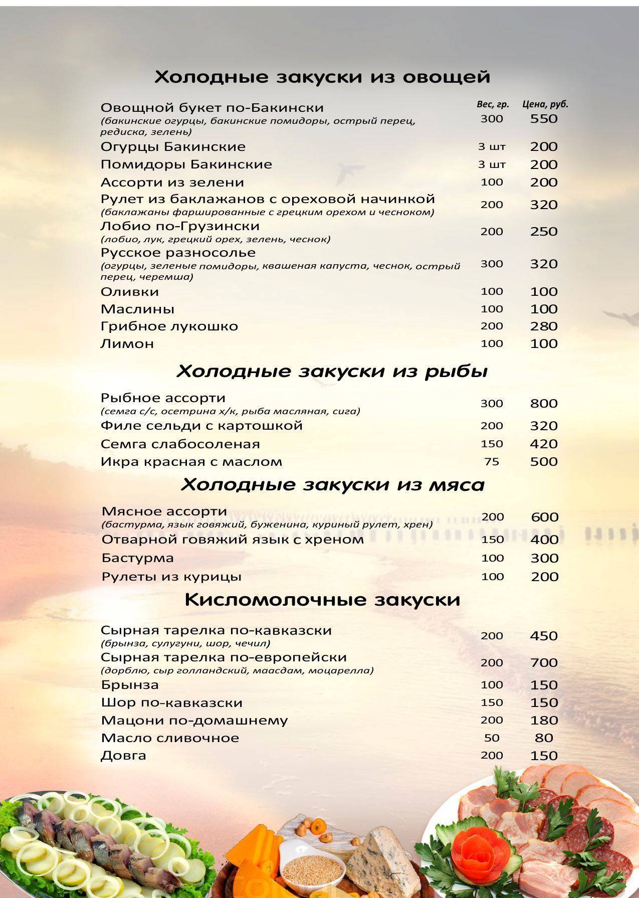 Южный берег меню