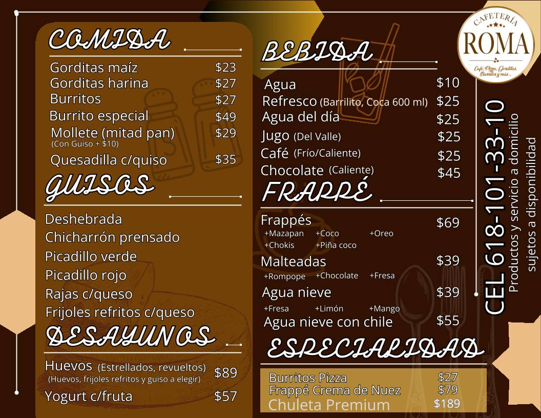 Cafetería Roma меню