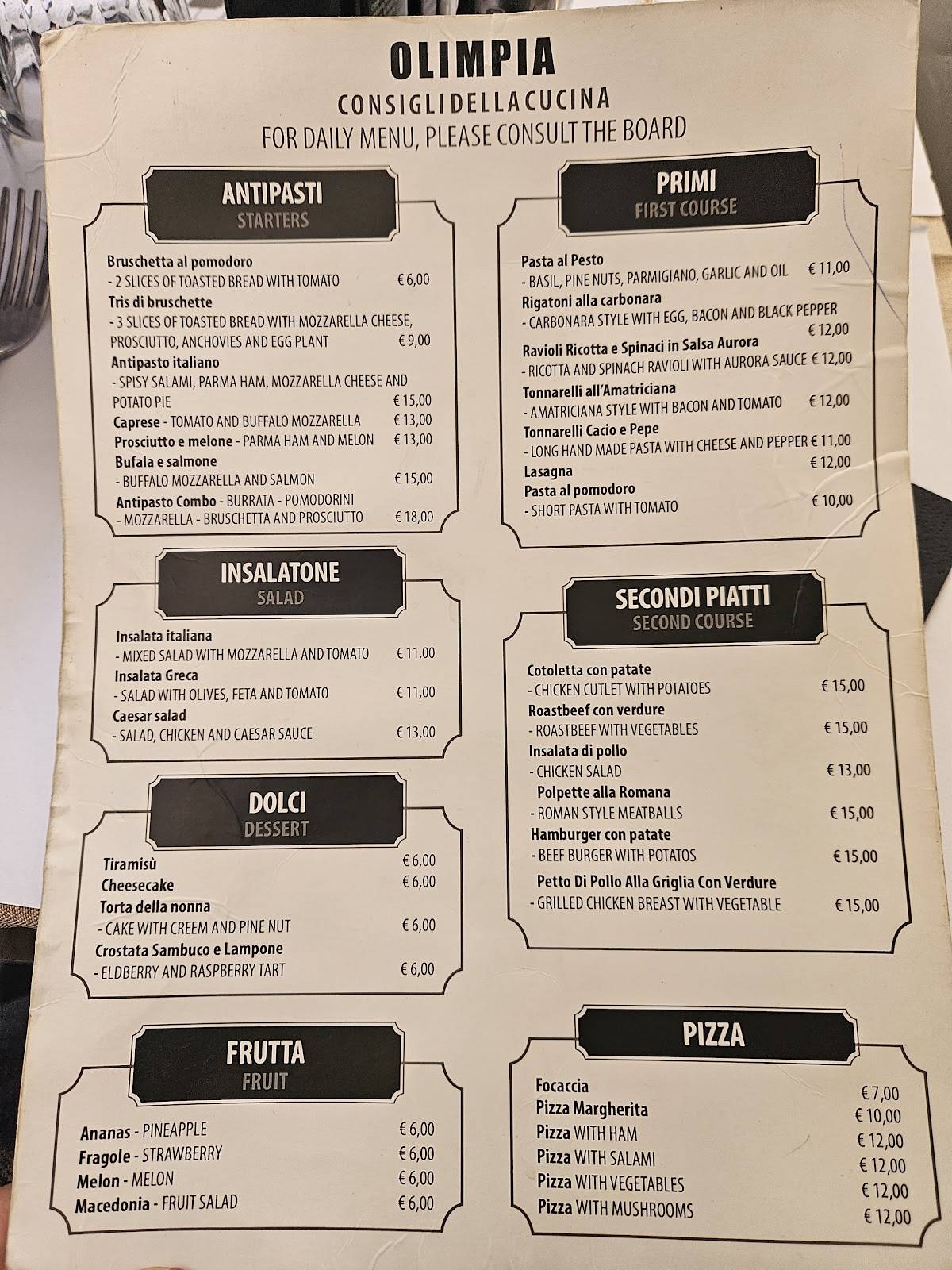 Caffè Olimpia меню
