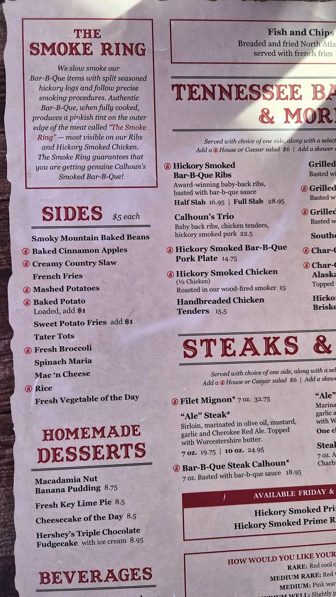 Calhoun's меню