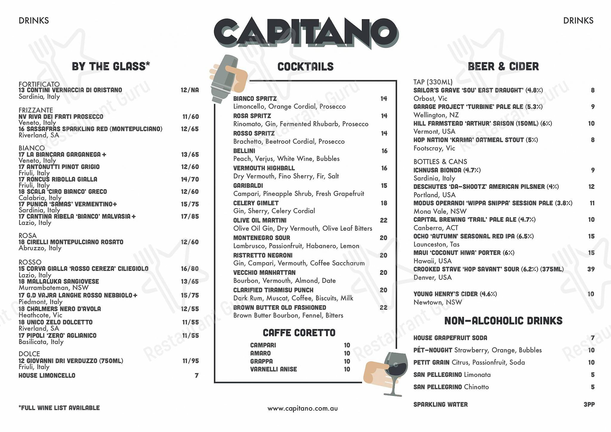 Drink menu паба и бара Capitano Carlton в Карлтоне