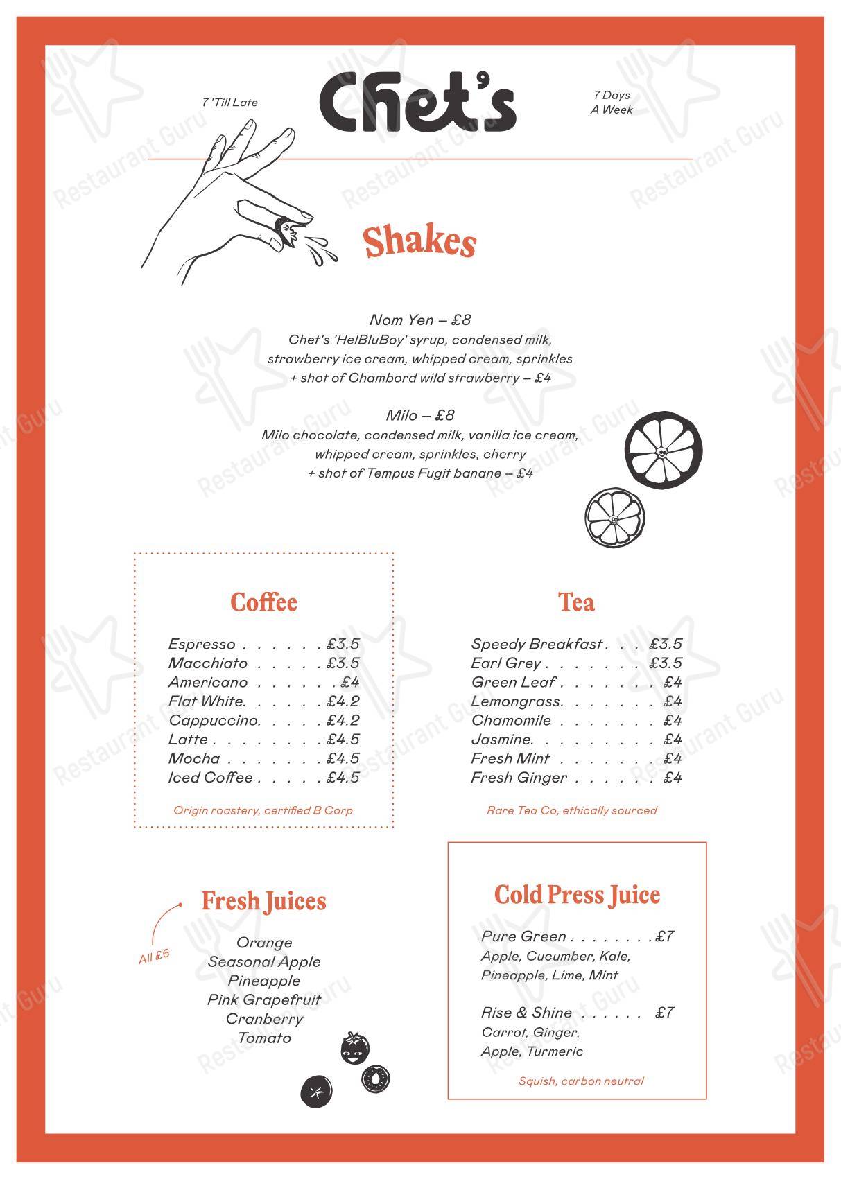 Chet's в Лондоне - Takeaway Menu
