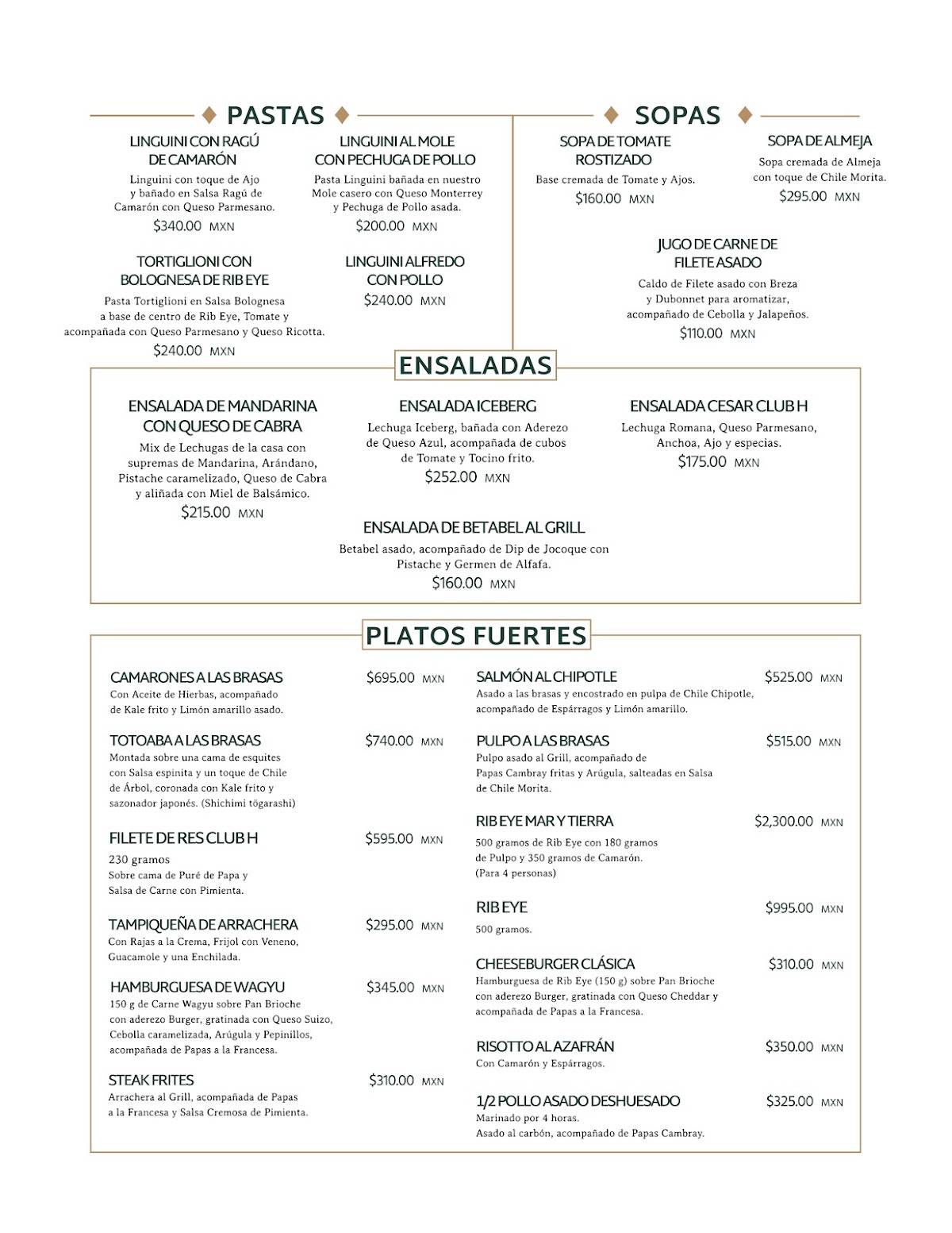Club H Restaurante Bar меню