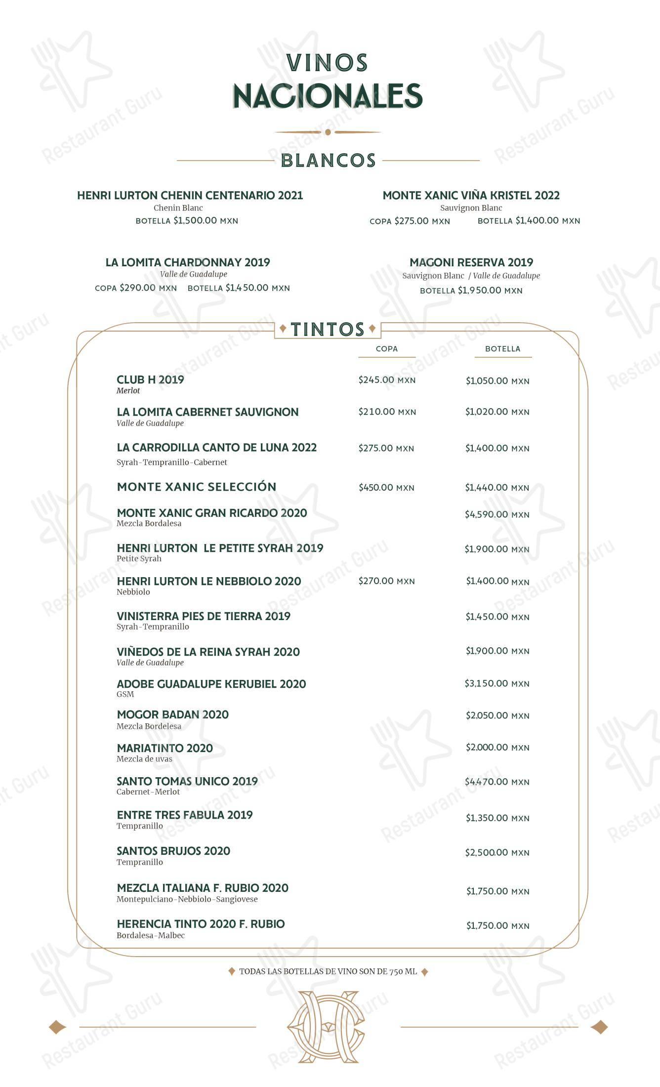 Lunch Menu ресторана Club H Restaurante Bar