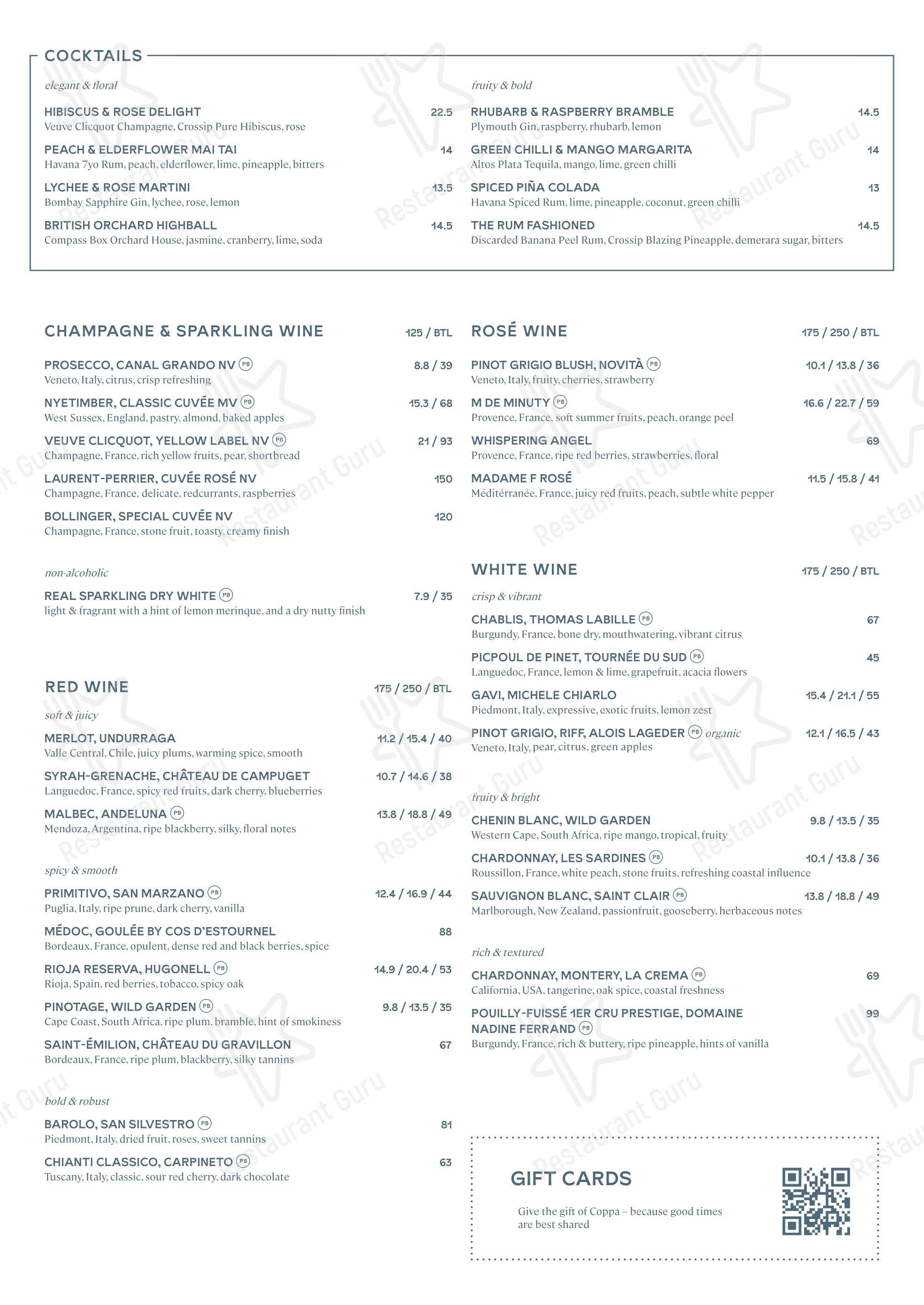 Coppa Club Marylebone в Лондоне - Коктейльная карта