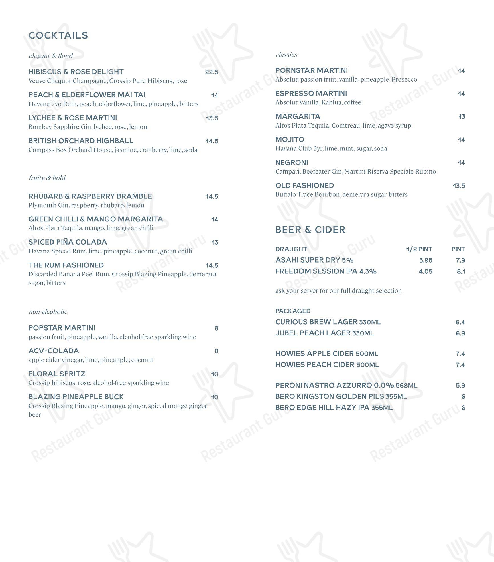 Ночное меню паба и бара Coppa Club Marylebone