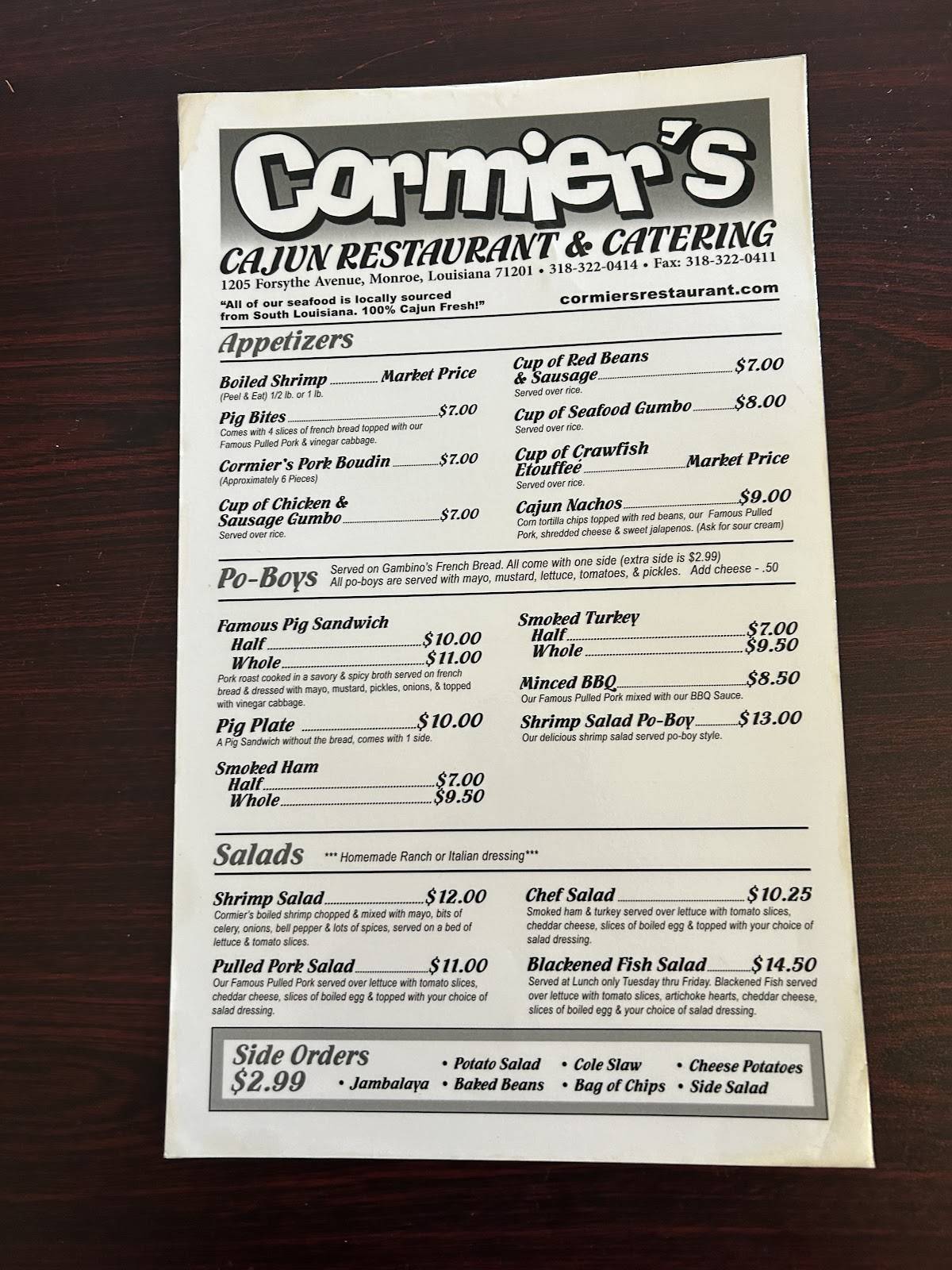 Cormier's Cajun Catering меню