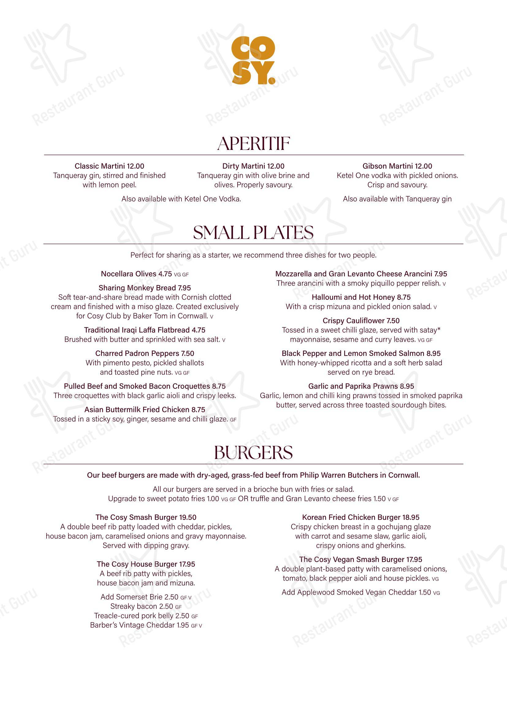 Меню напитков ресторана Cosy Club