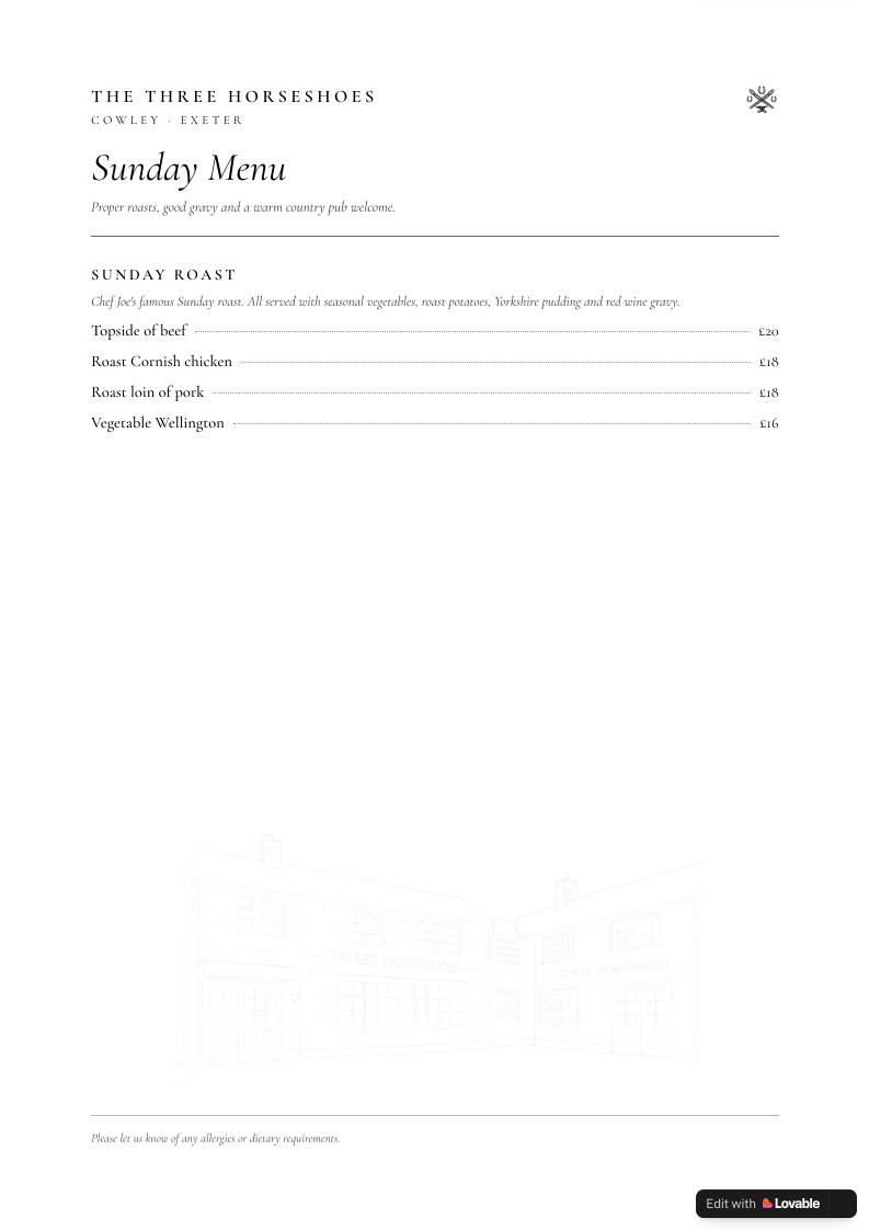 Three Horseshoes Exeter (Formerly The Stables) меню