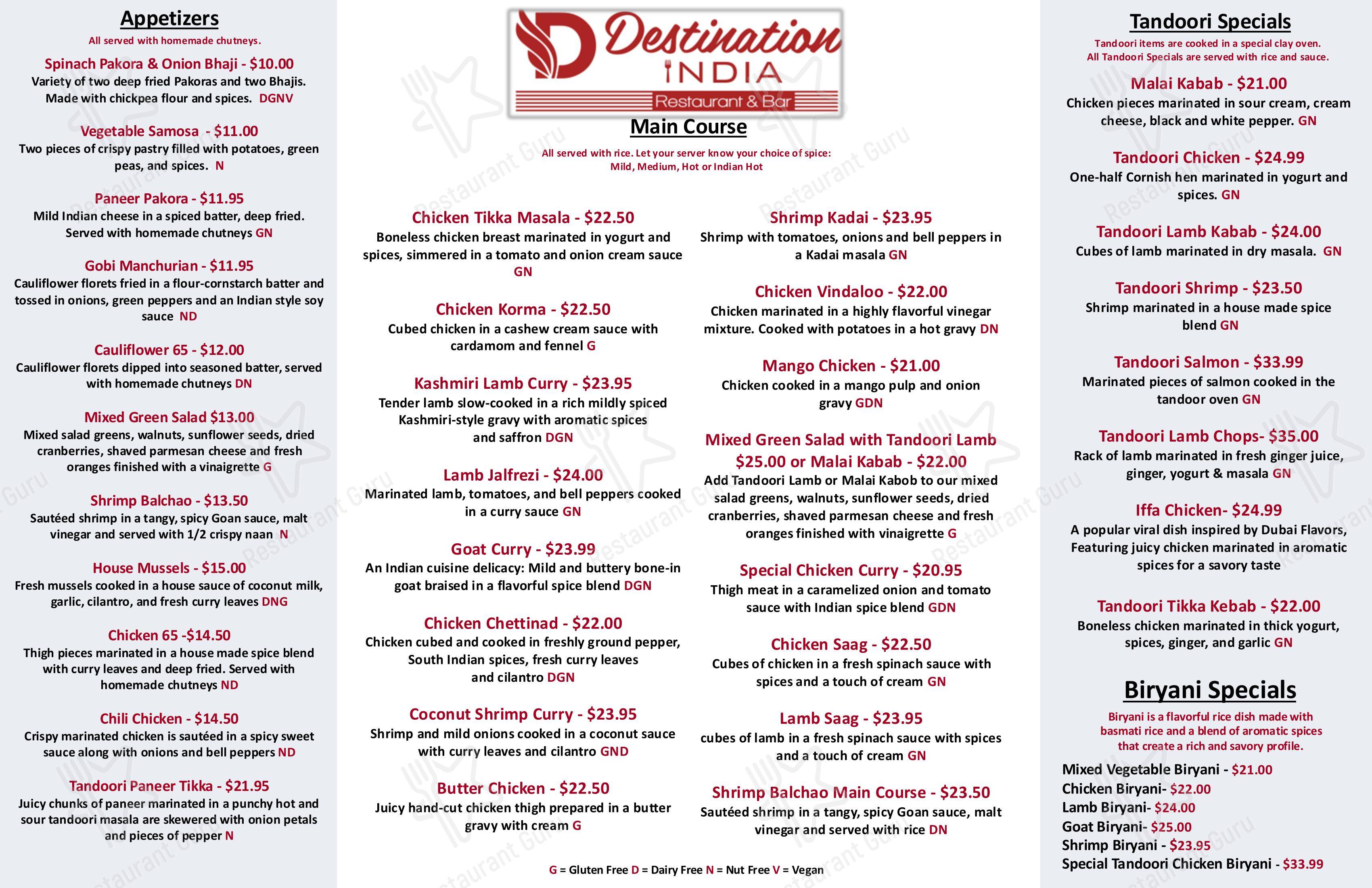 Меню ресторана Destination India Restaurant & Bar Derry, NH в Дерри