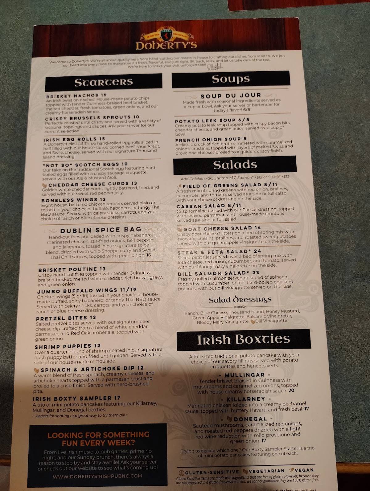Doherty's Irish Pub & Restaurant меню