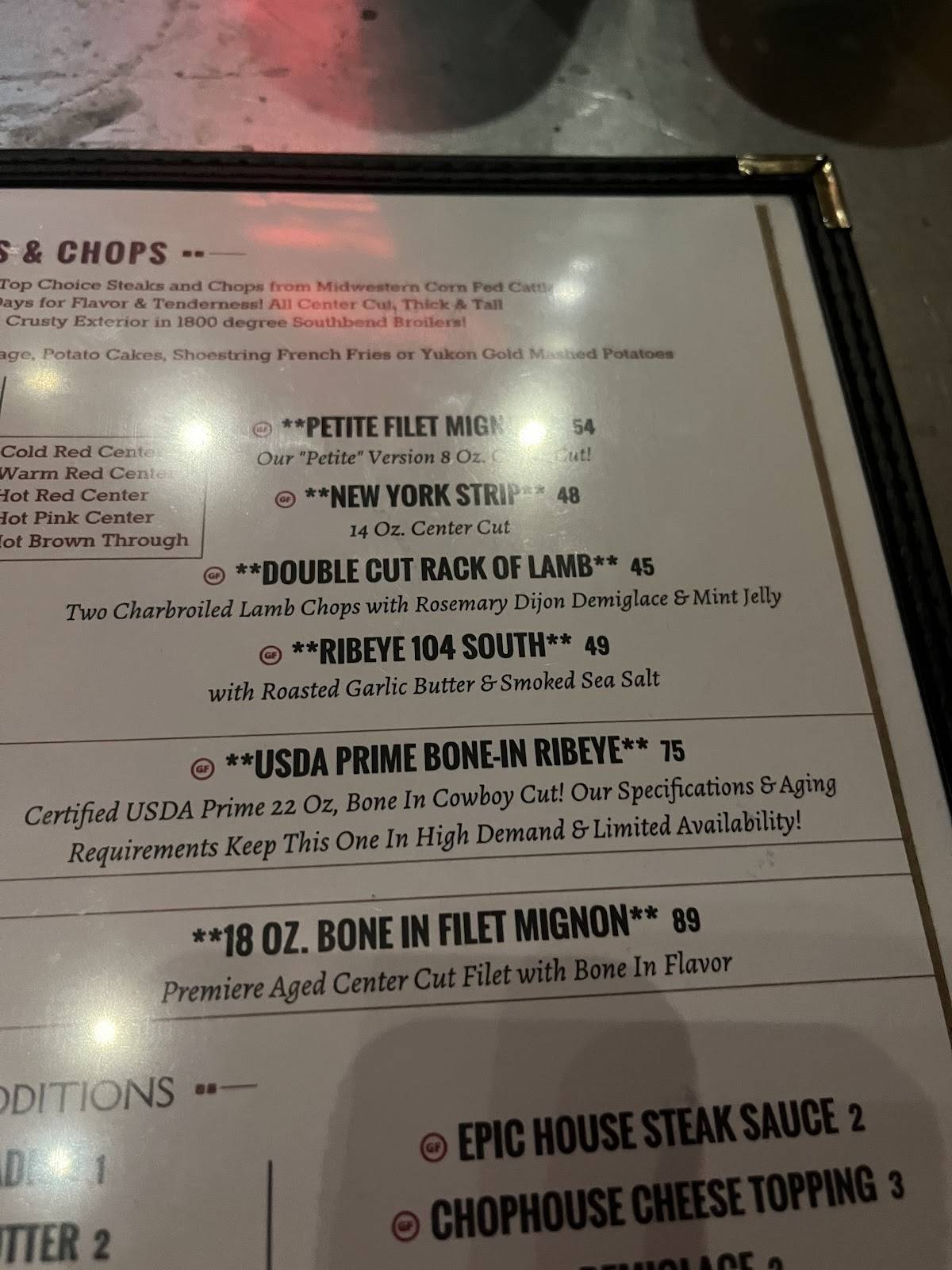 Epic Chophouse Raleigh меню
