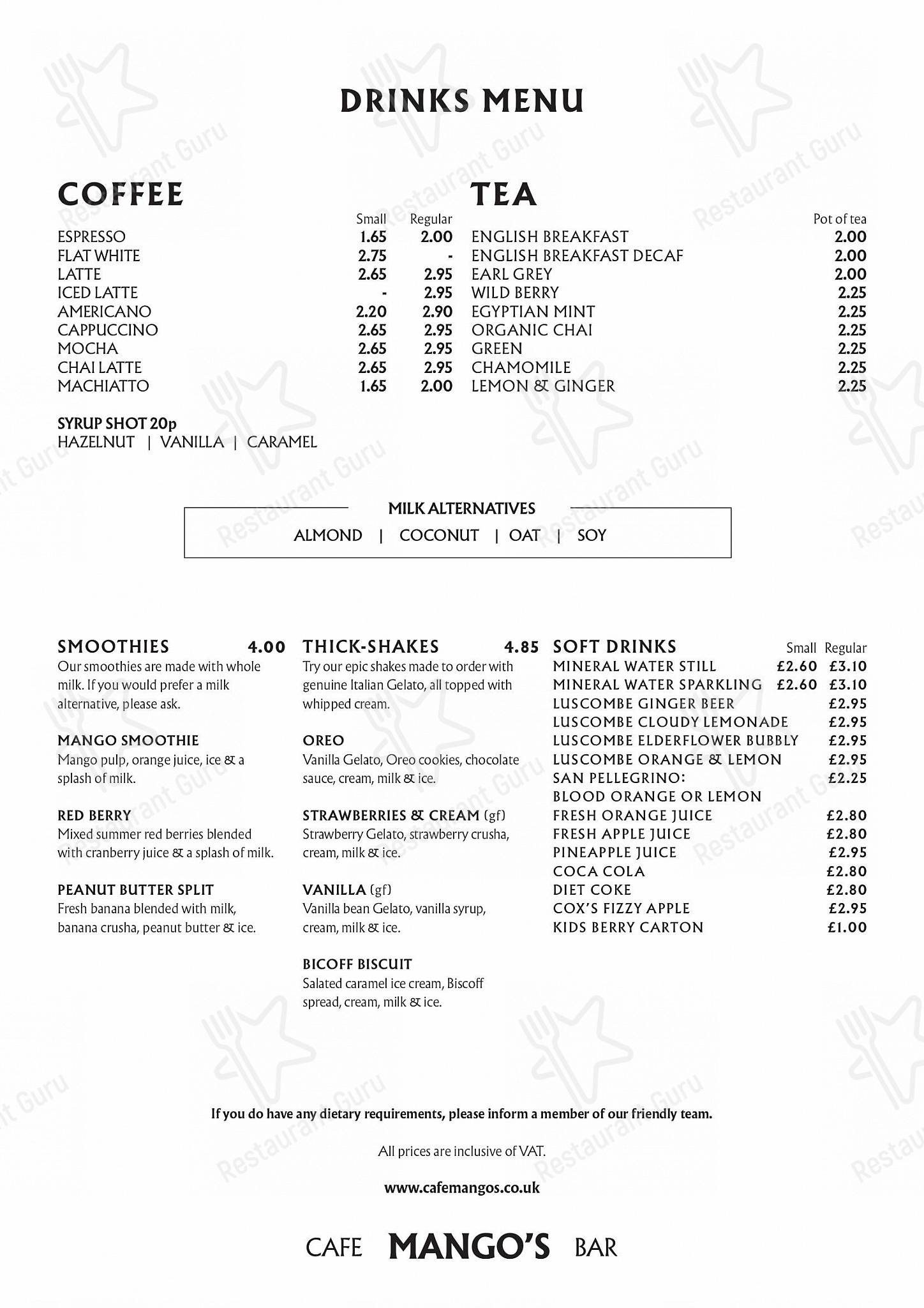 Wine Menu кафе Mango’s Cafe
