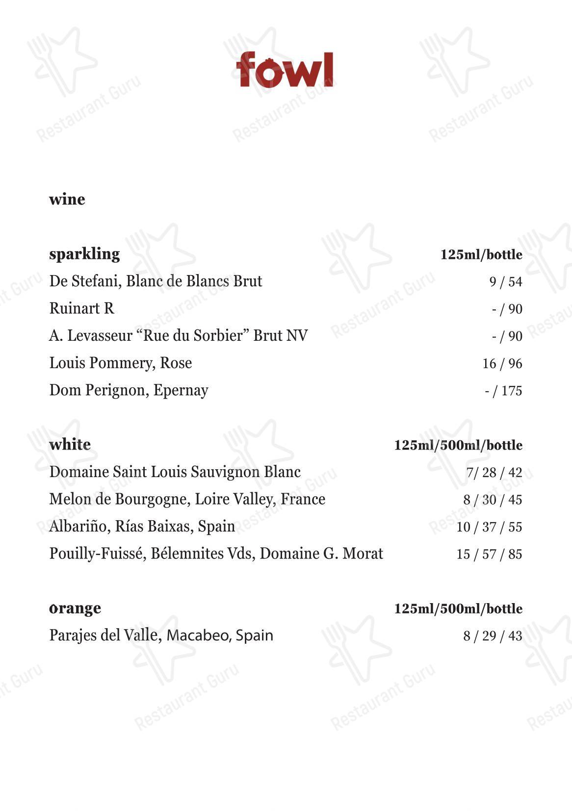 Меню ресторана Fowl by the Fallow Chefs - Wine Menu
