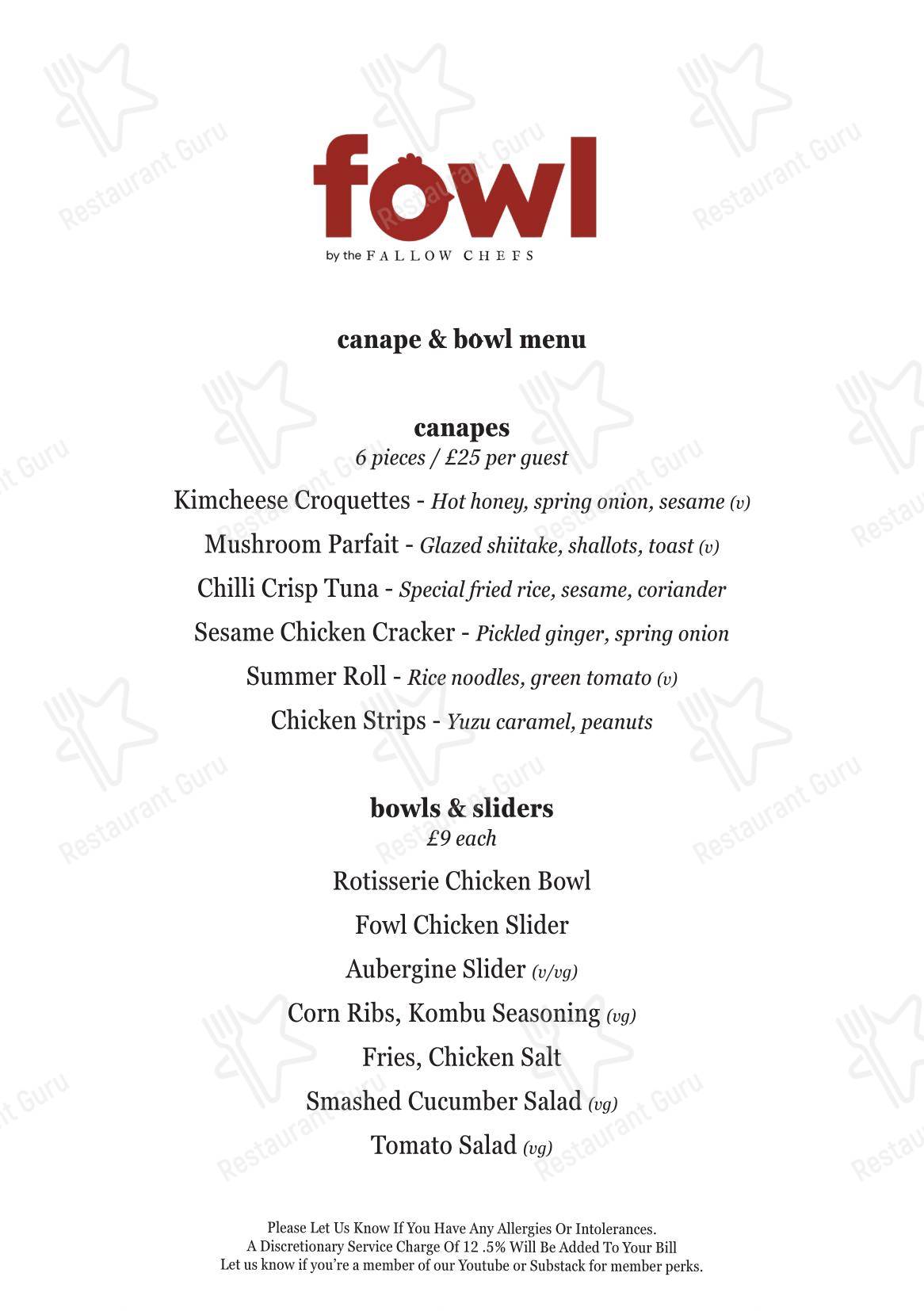 Основное меню ресторана Fowl by the Fallow Chefs в Лондоне