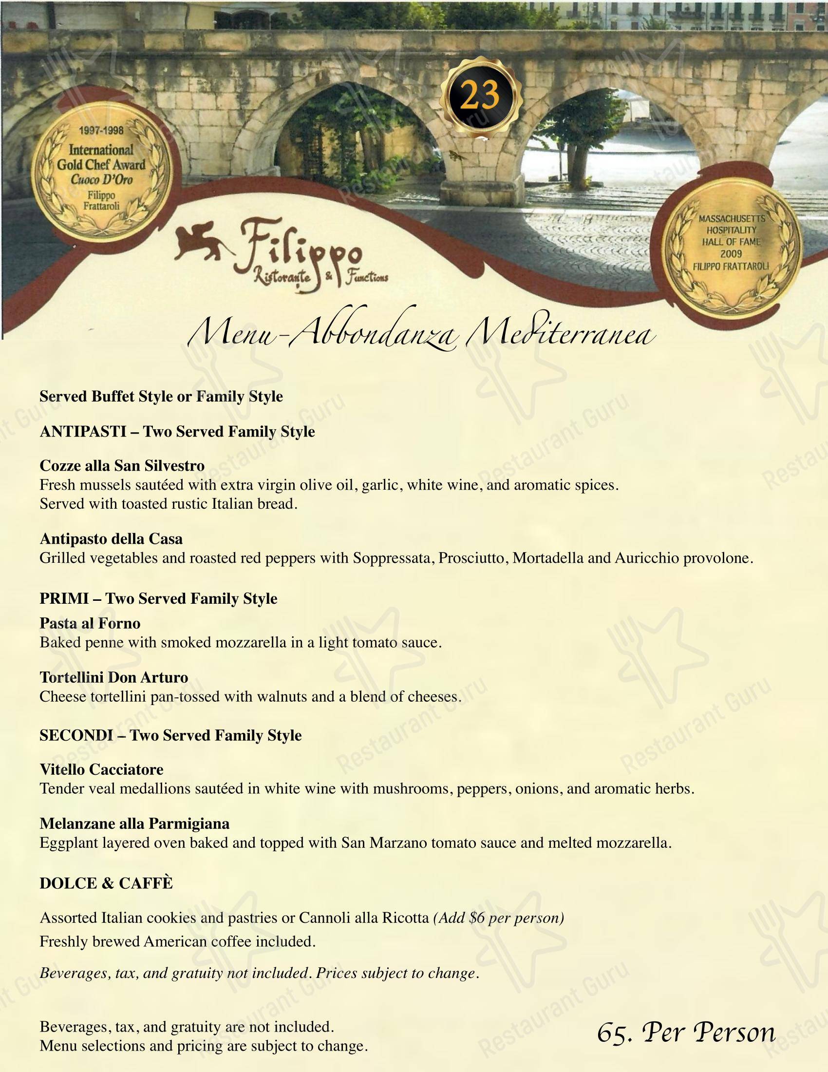 Меню напитков ресторана Filippo Ristorante & Bar