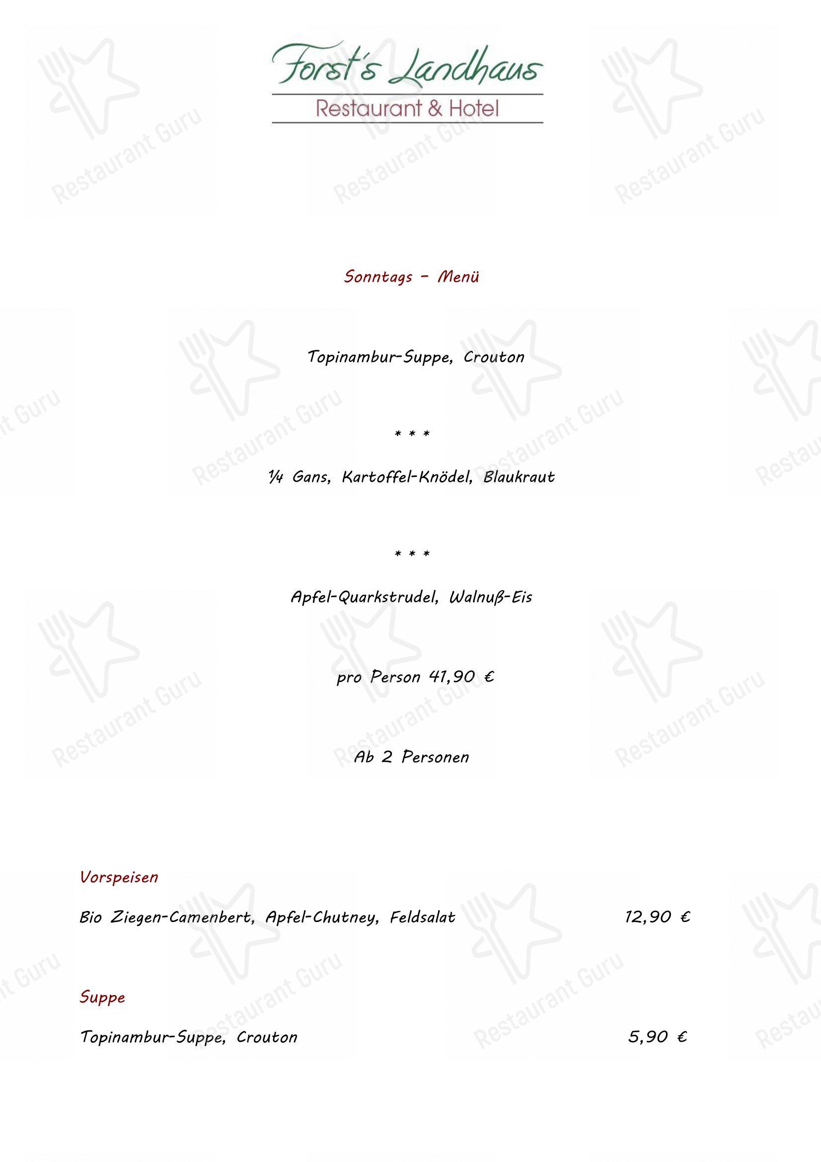 Меню Forst's Landhaus - Dinner Menu