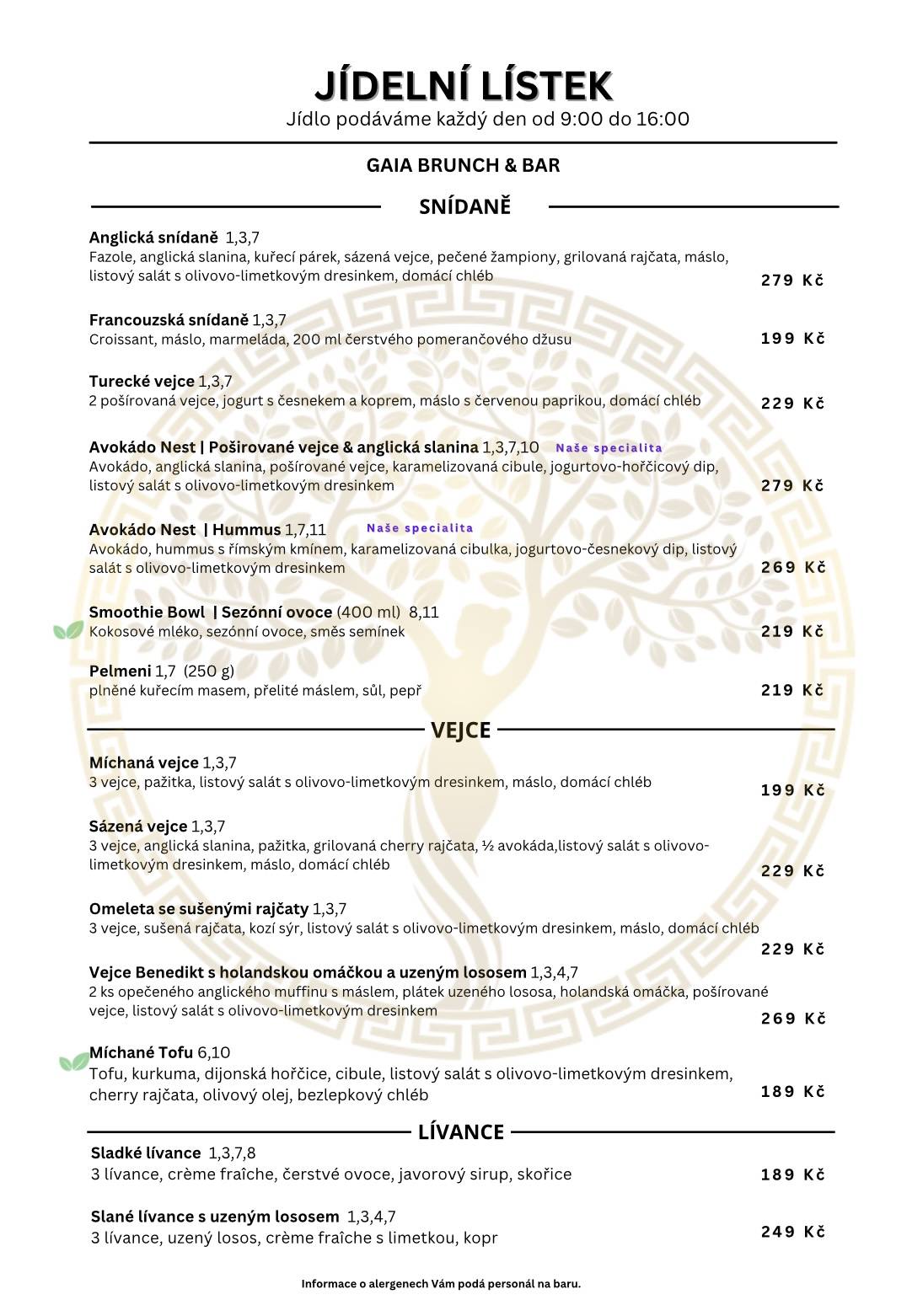 GAIA Brunch & Bar меню
