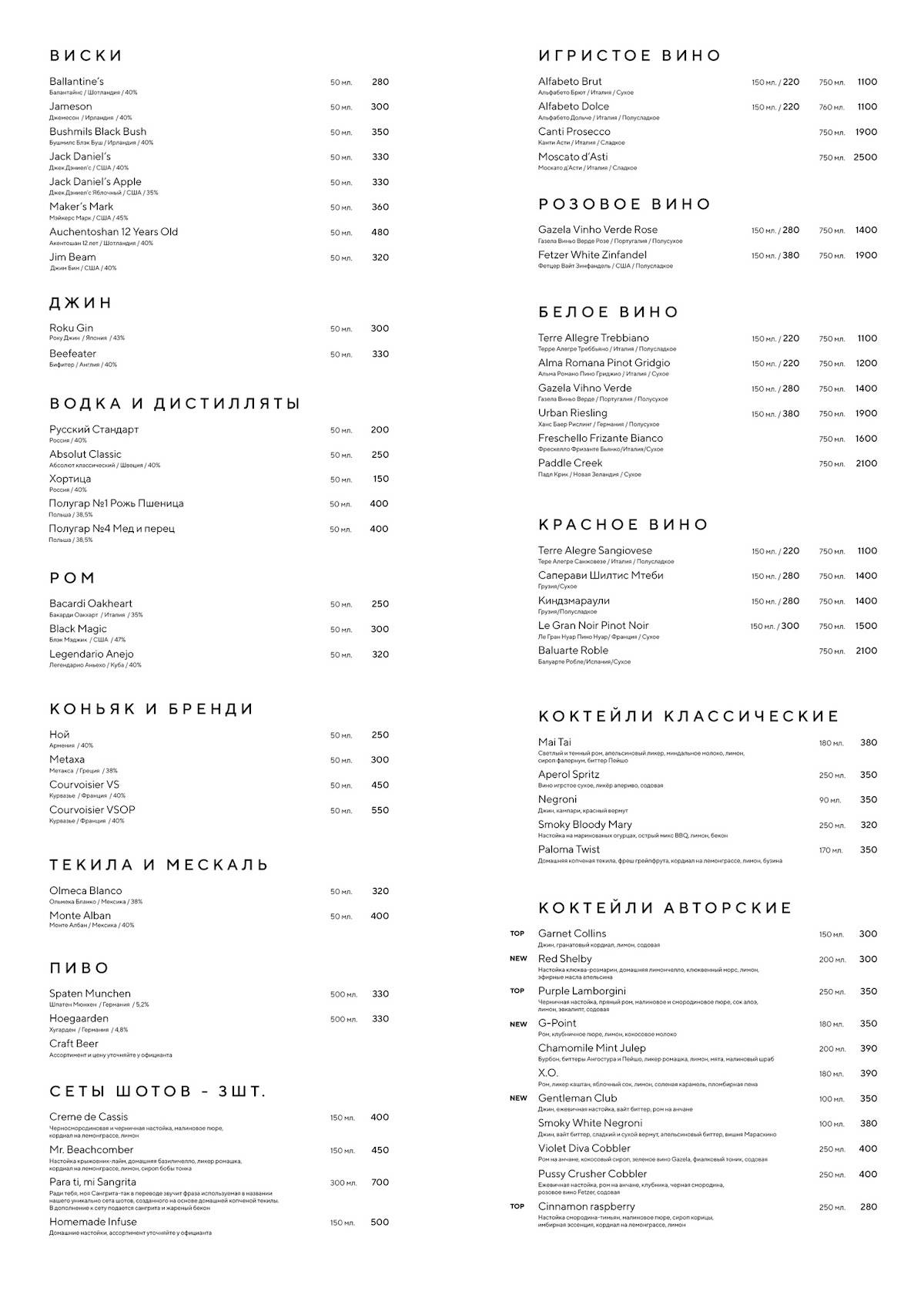 Gagarin Gastro Bar меню