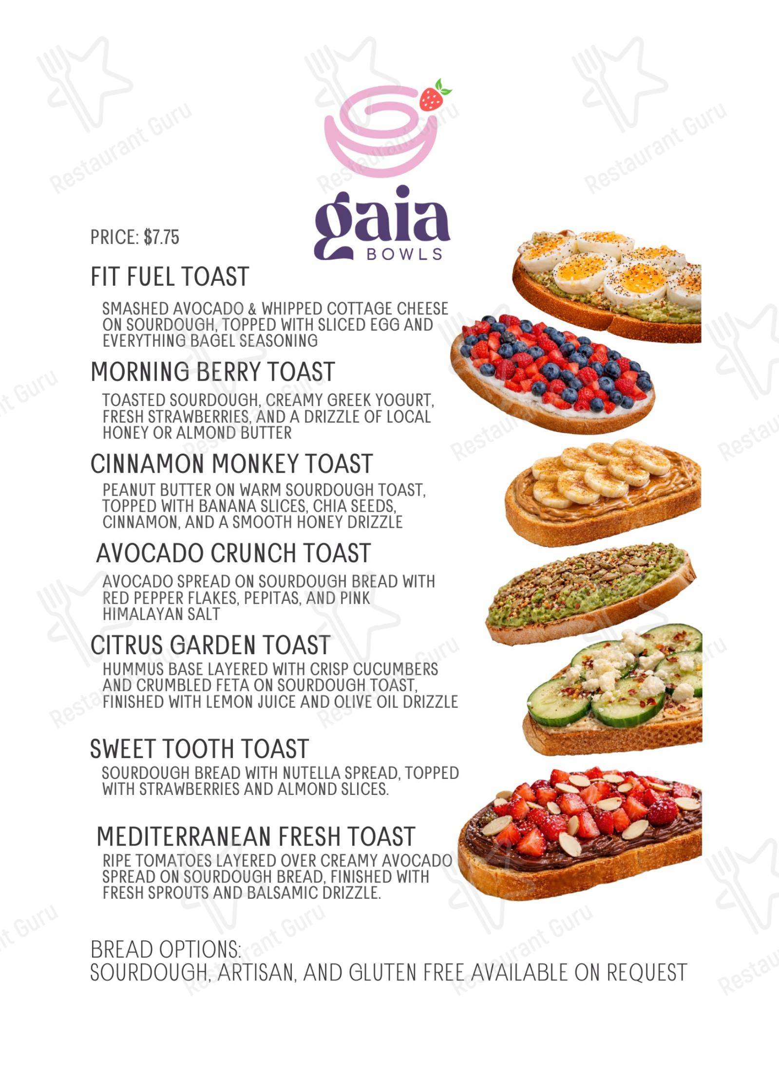 Меню Gaia Bowls в Ригби