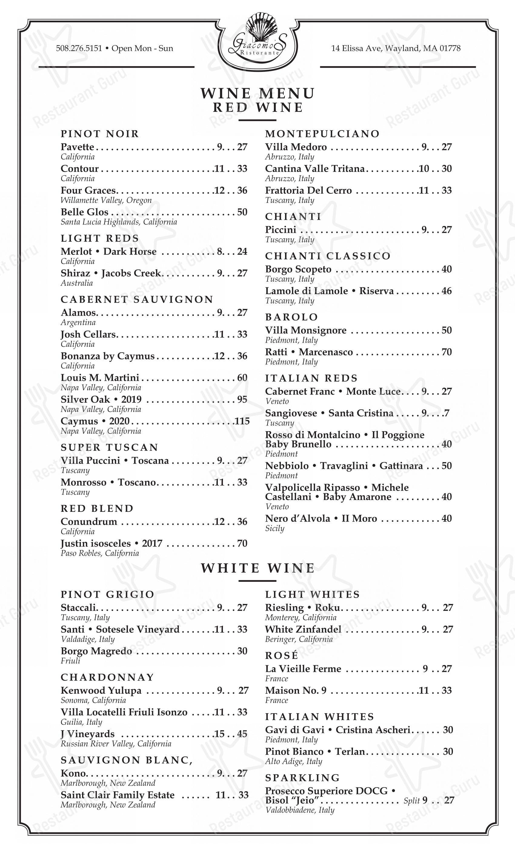 Основное меню пиццерии Giacomo's Ristorante в Уэйленде