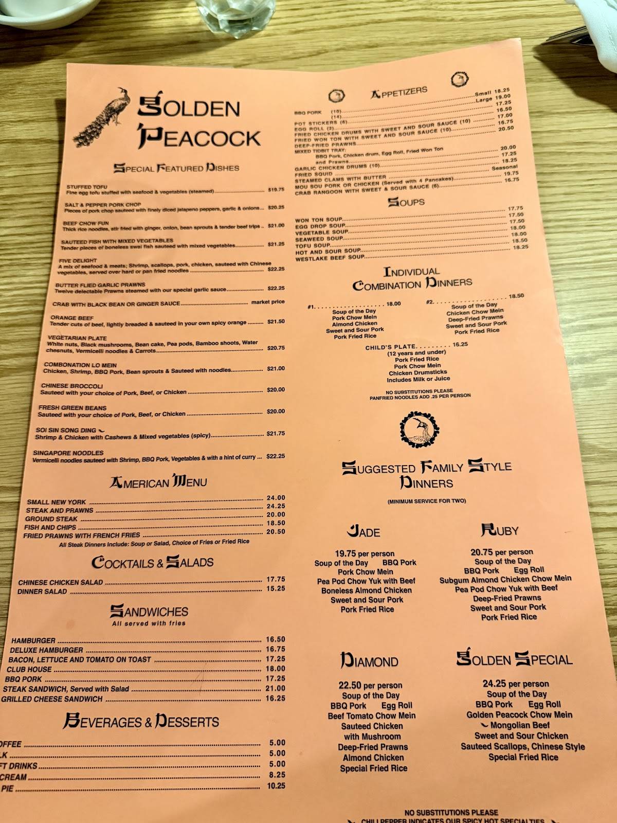 Golden Peacock Restaurant меню