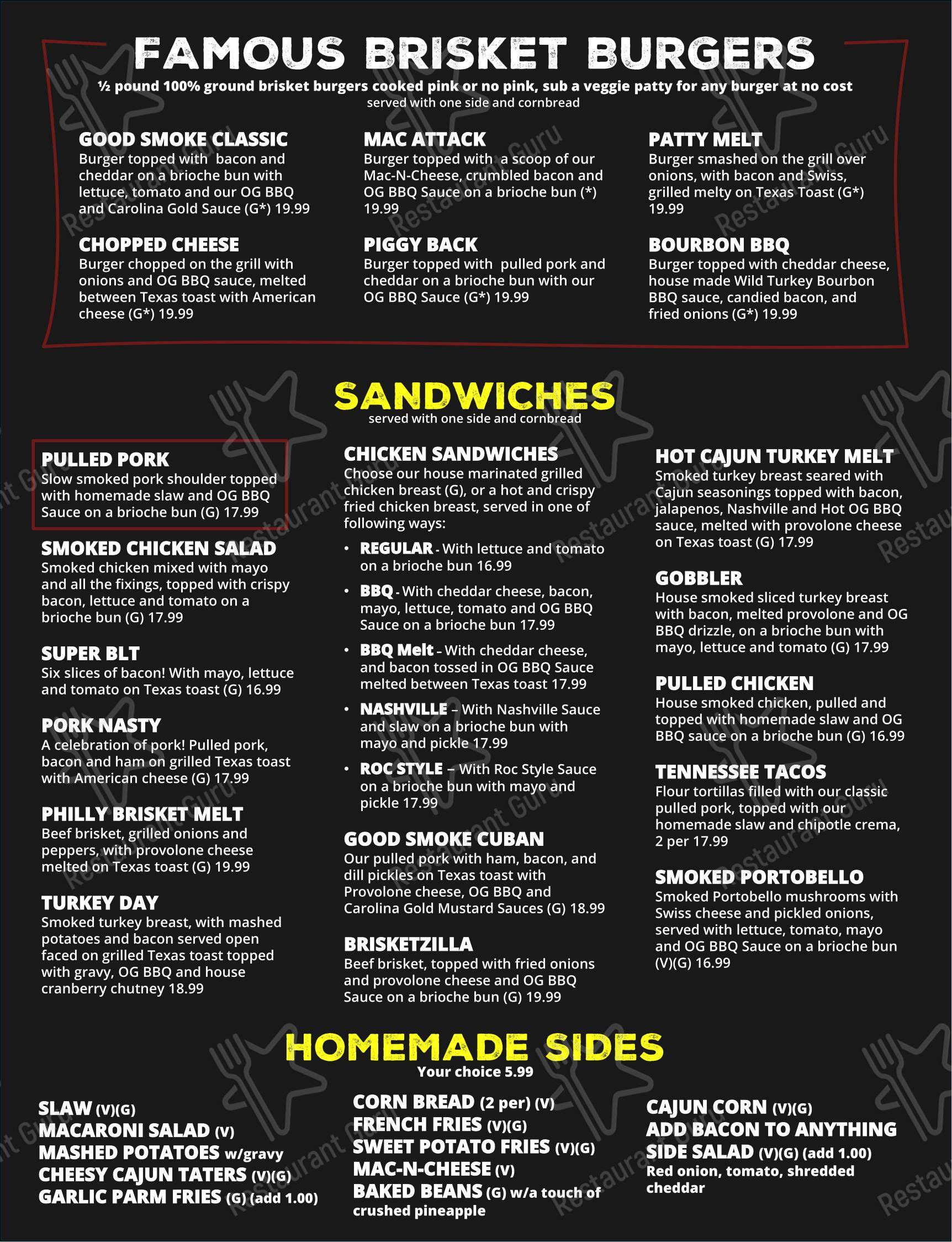 Good Smoke BBQ & Pub в Востоке Рочестер - Основное меню