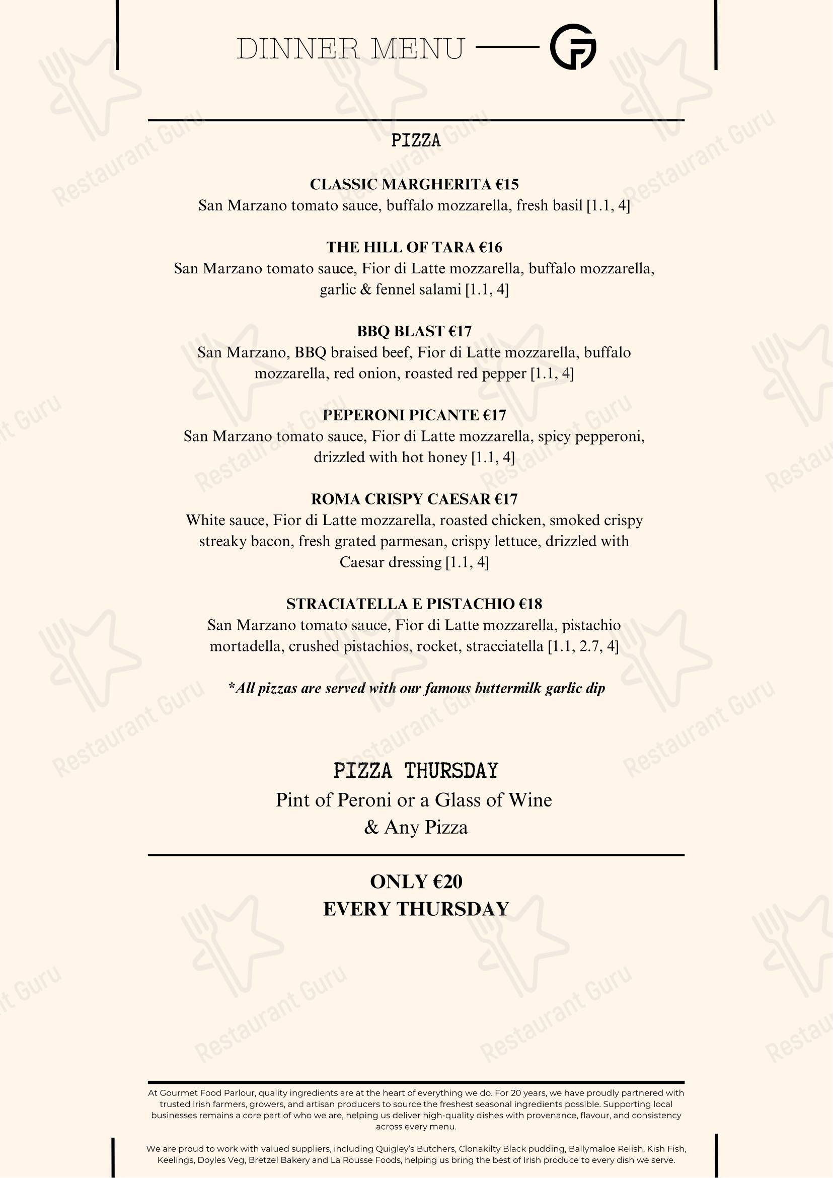 Меню для посетителей ресторана Gourmet Food Parlour Dunshaughlin