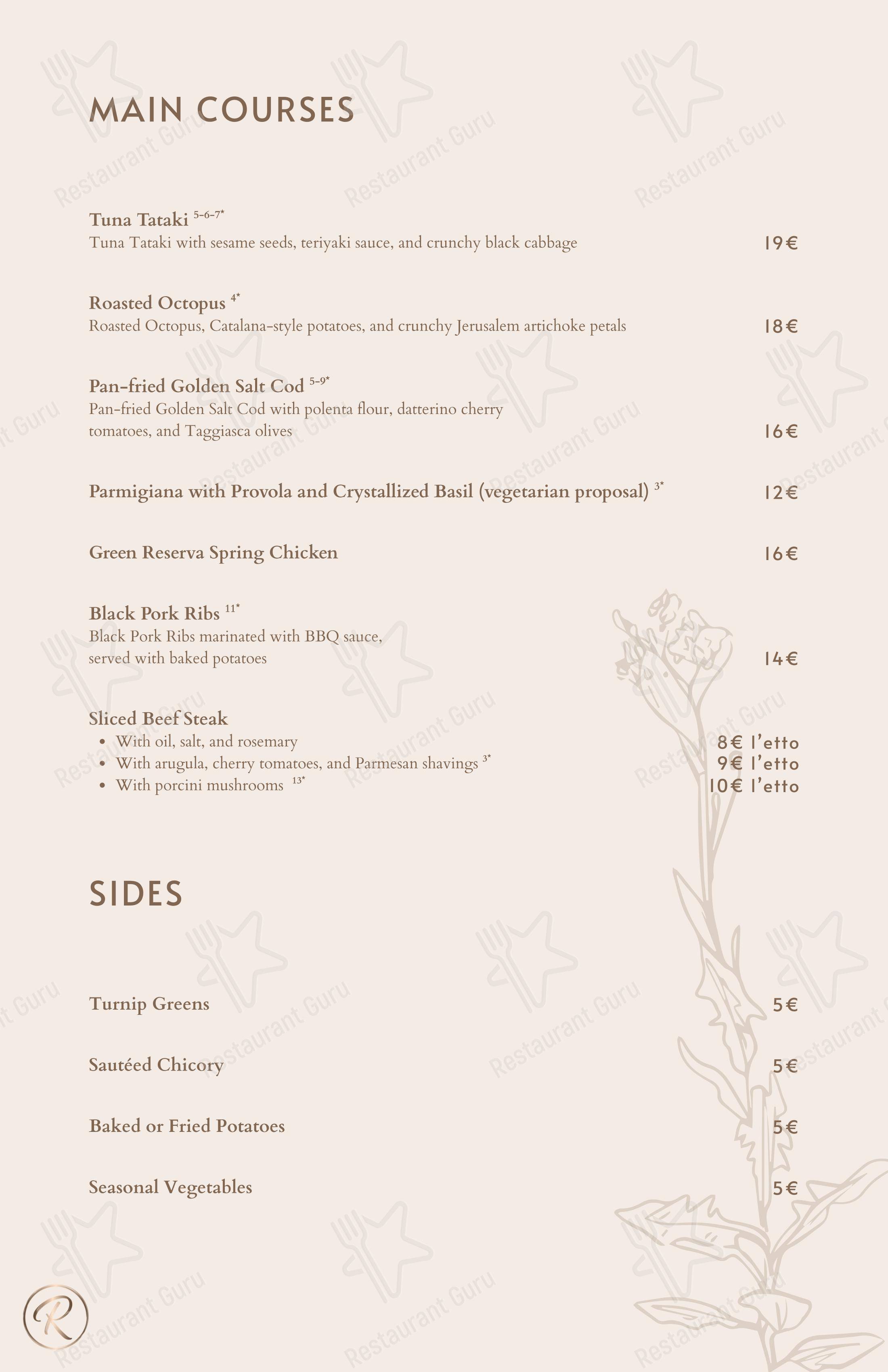 Меню напитков ресторана Green Reserva - Restaurant & Pizzeria в Риме