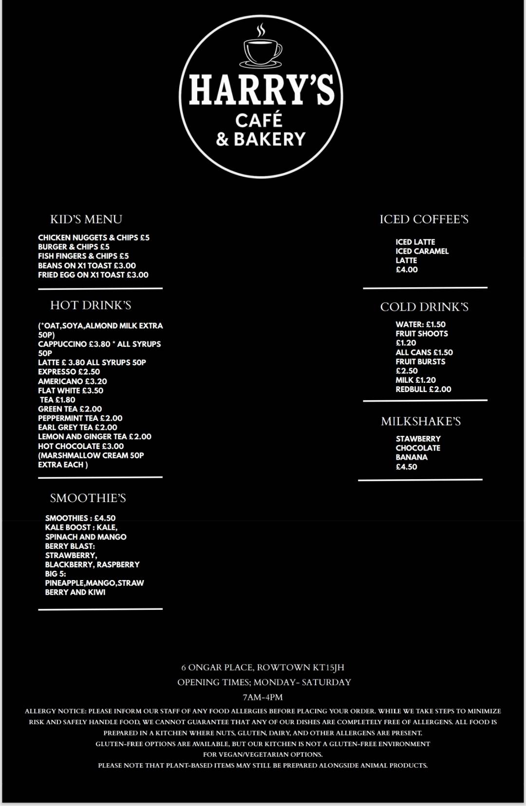 Harrys cafe and bakery ltd меню