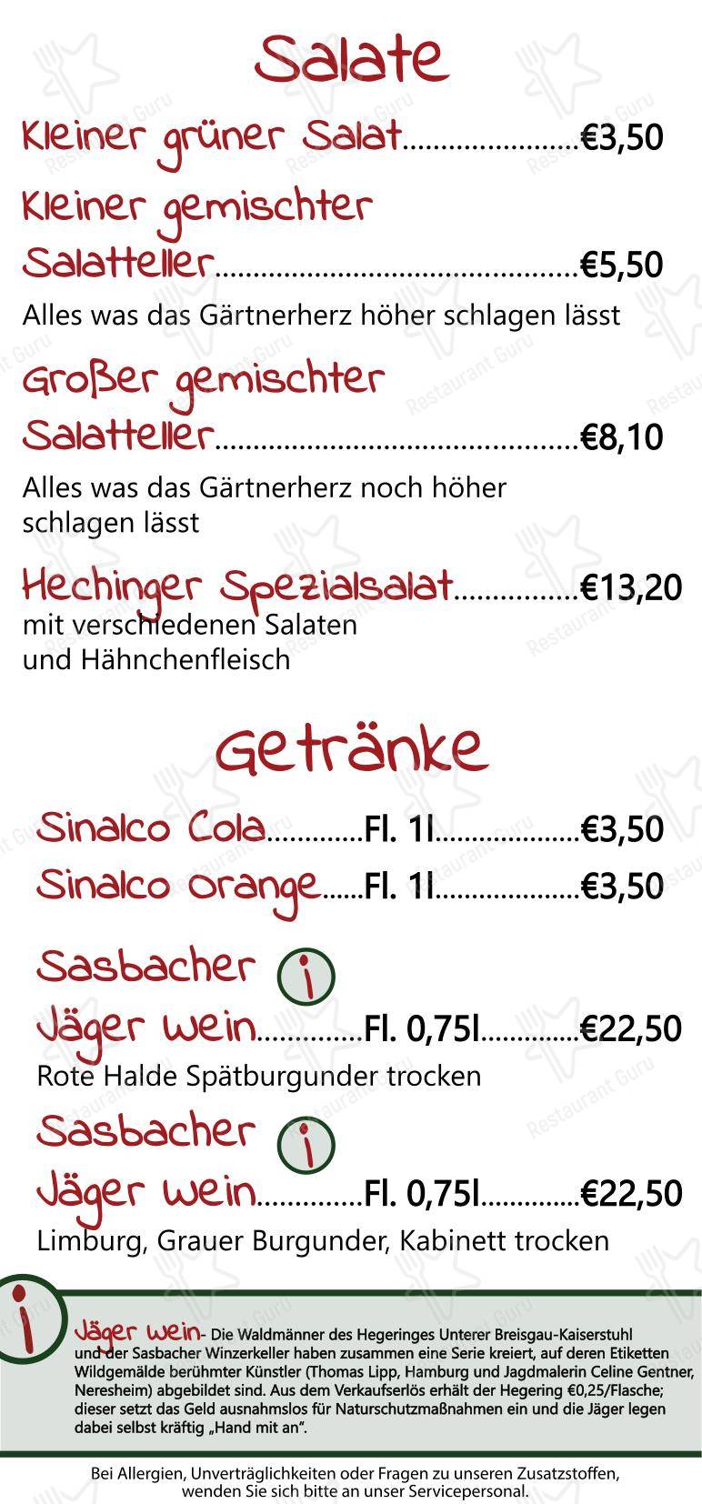 Меню напитков ресторана Hechinger-Gasthaus