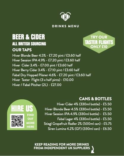 Hiver Taproom меню