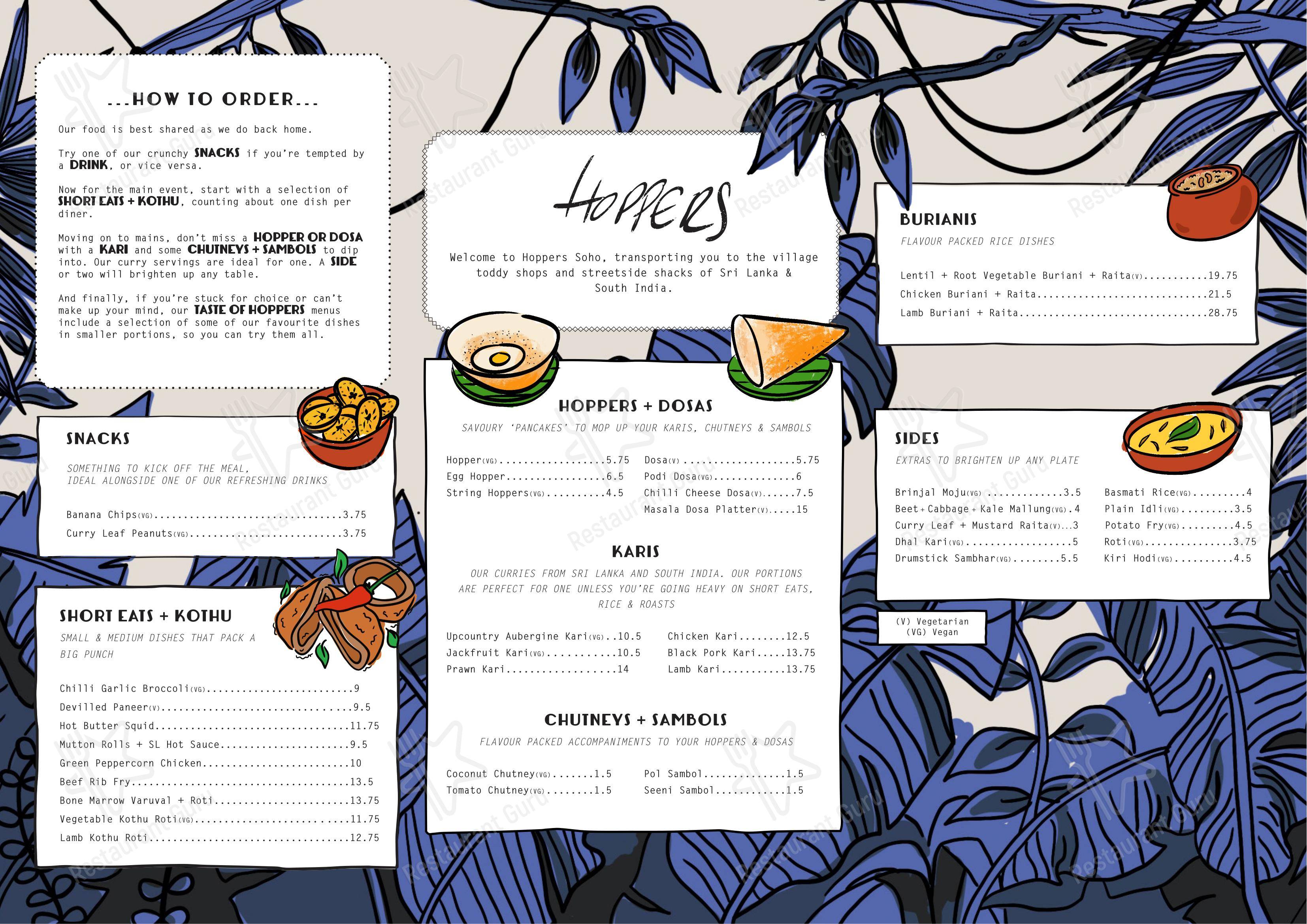Menu bistro ресторана Hoppers Soho в Лондоне