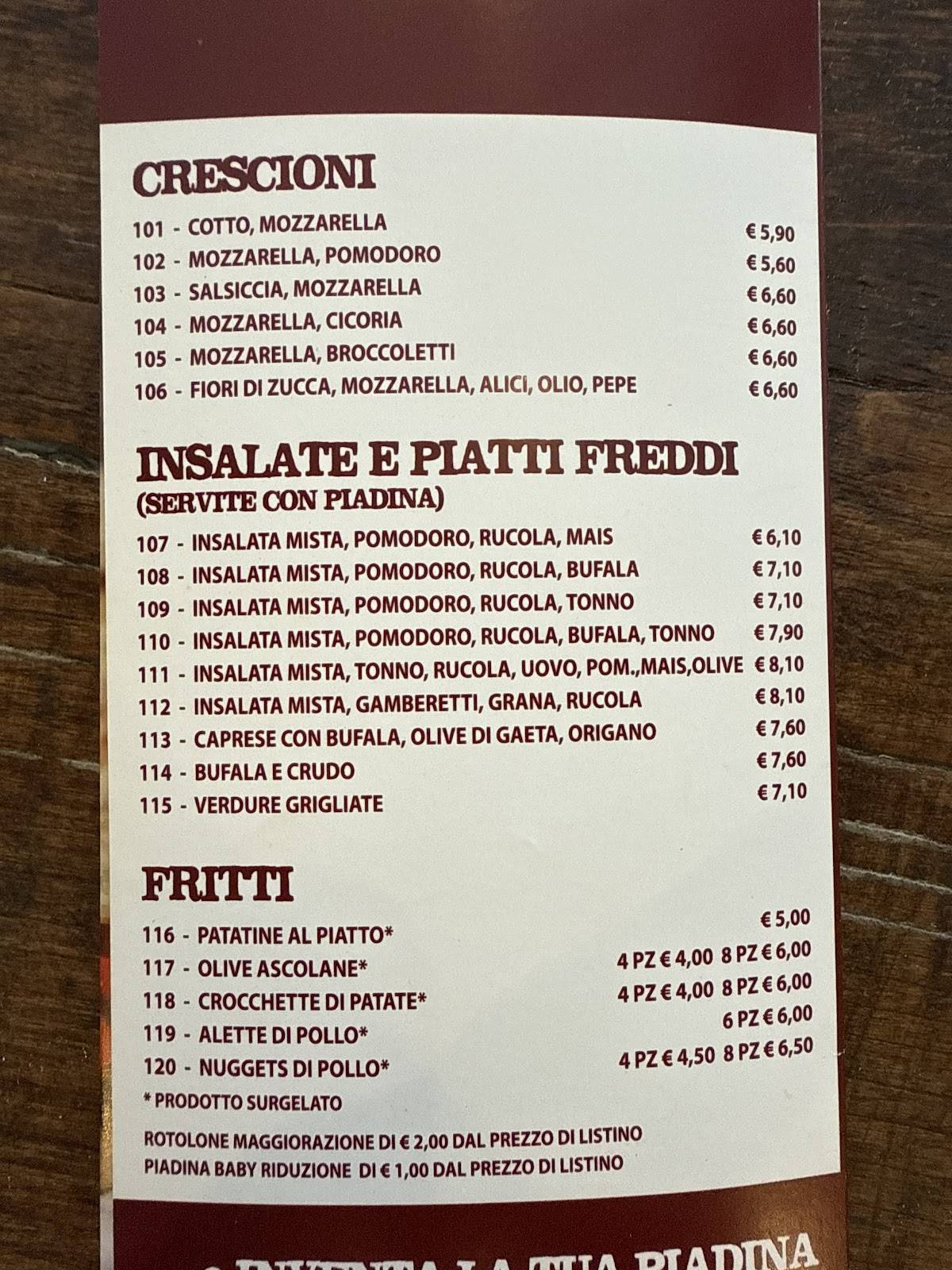 I Piadinari меню