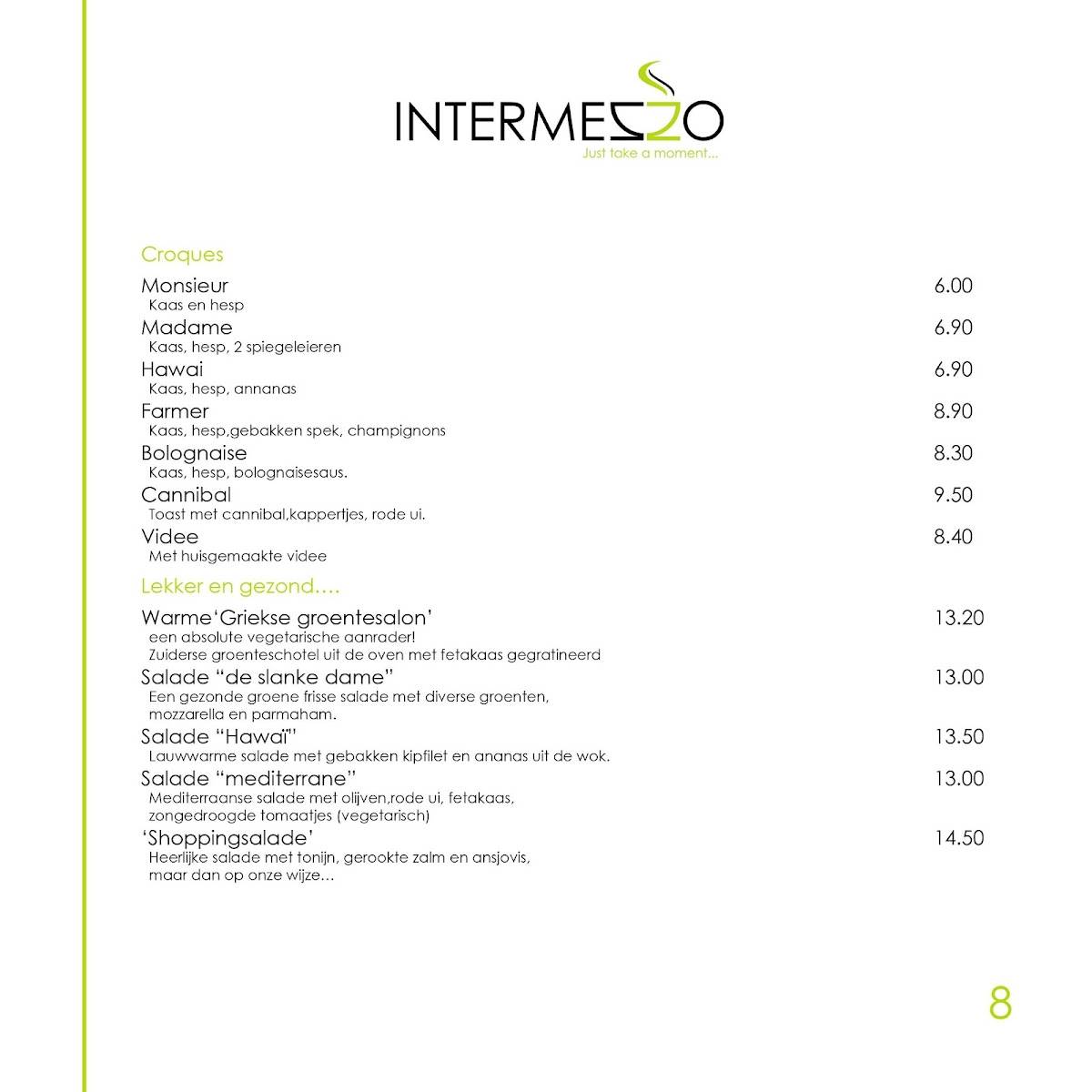 Intermezzo eetcafé меню