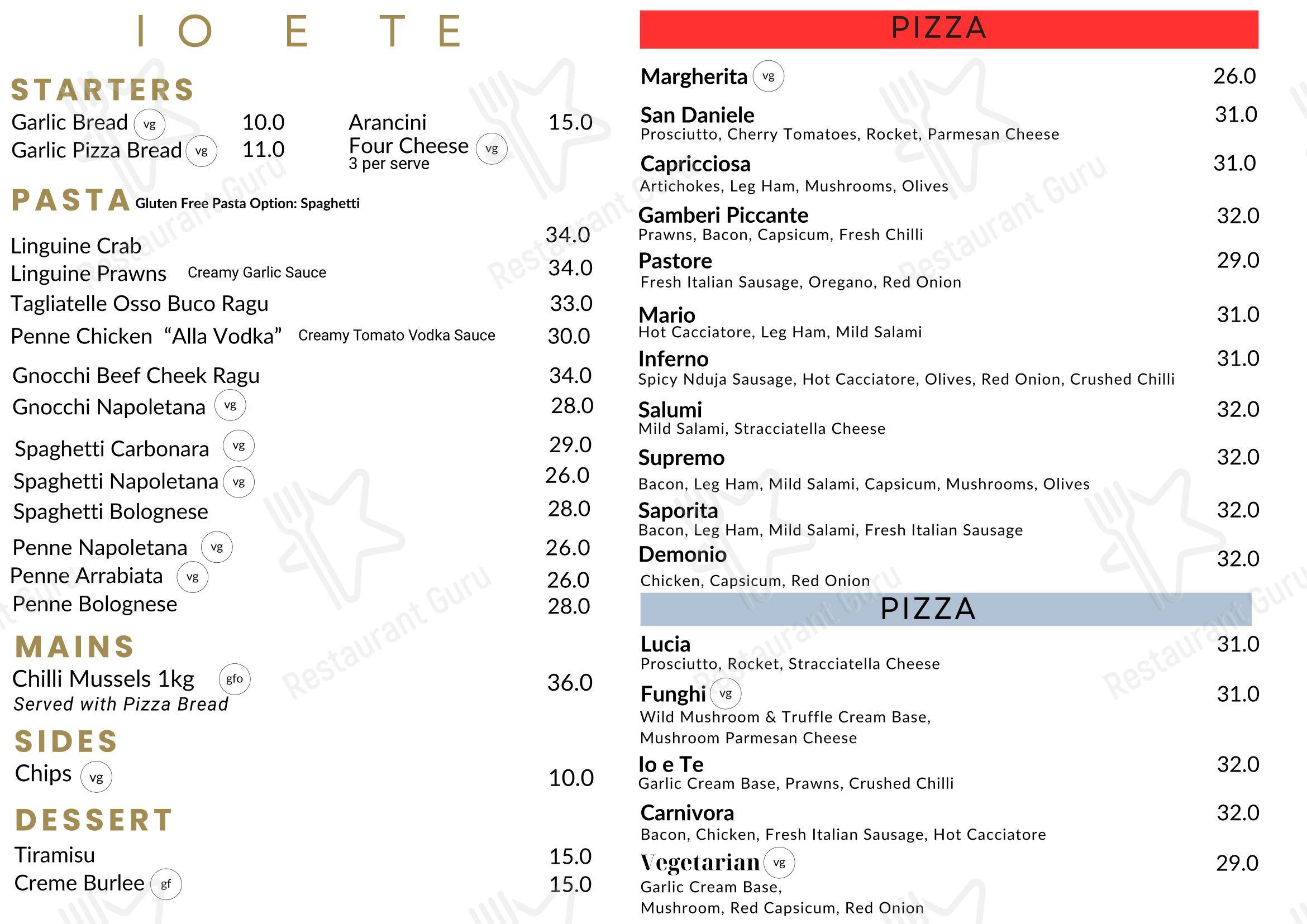 菜单 ресторана Io e Te Pizzeria e Ristorante