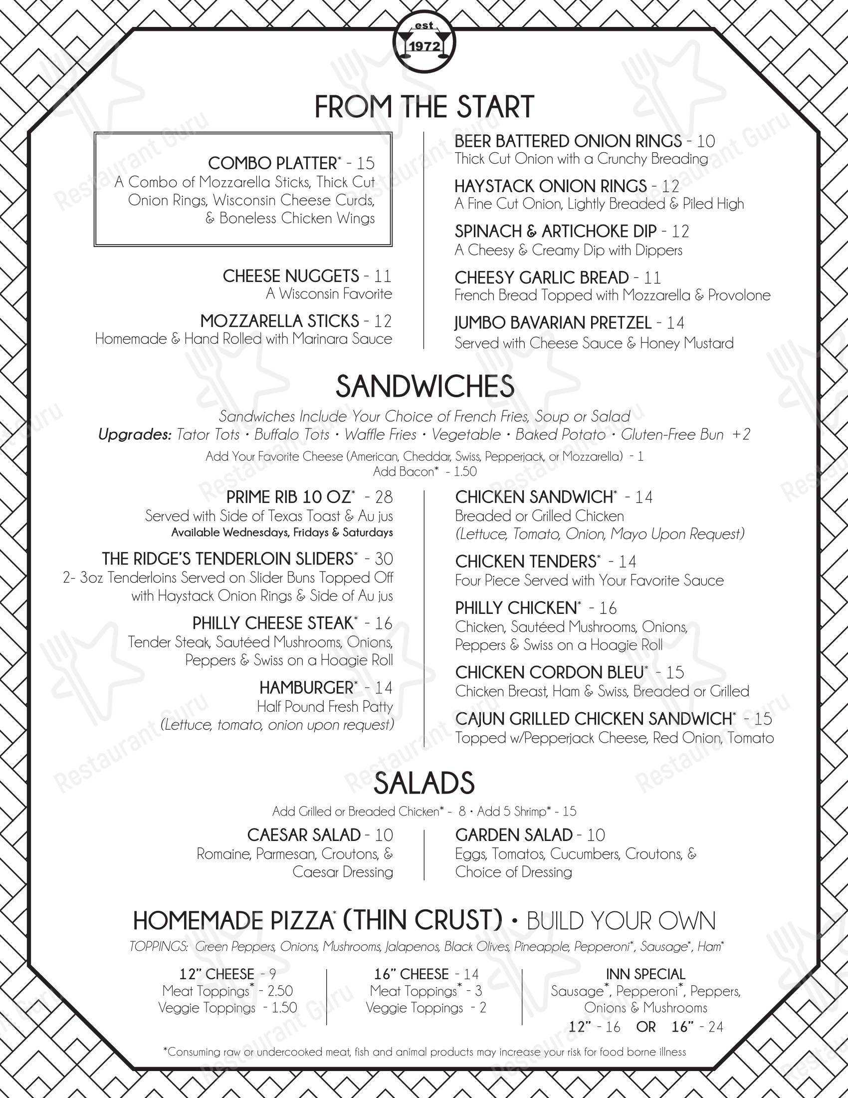 Меню стейк хауса Iron Ridge Inn Restaurant - Меню