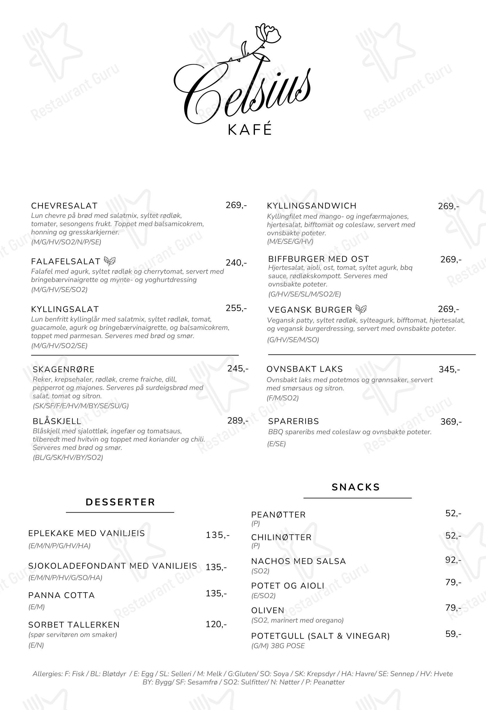 Меню кафе Kafé Celsius в Осло